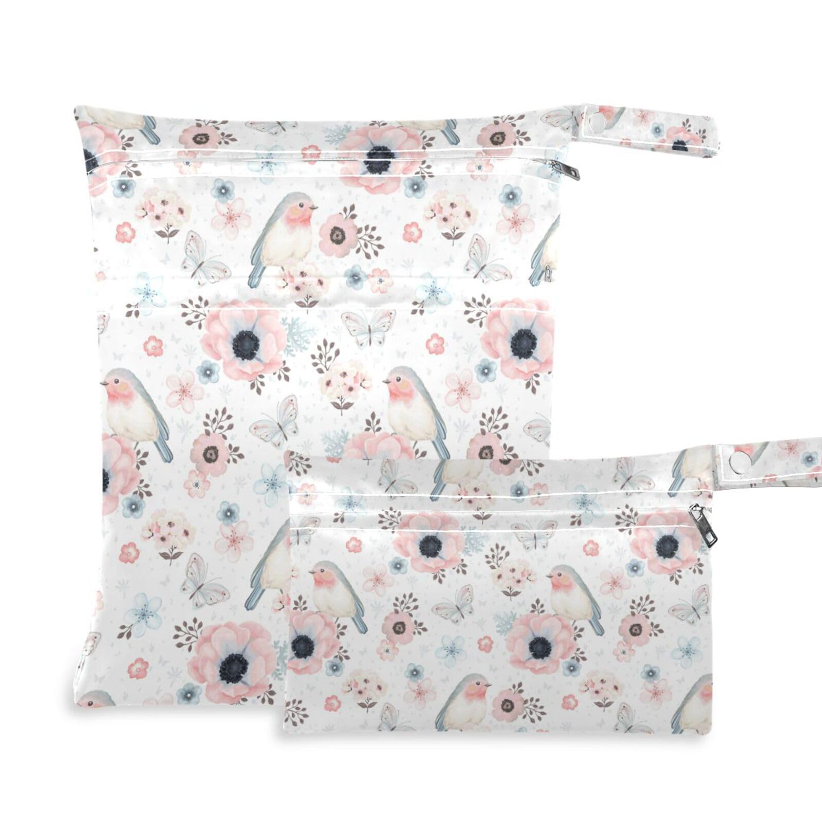 **Susiyo 2 Pack Waterproof Wet Dry Bags - Reusable Cloth Diaper & Swimsuits Storage with Two Zippered Pockets | Cute Birds & Butterfly Pink Flowers Design | Perfect for Baby Stroller, Travel, Beach, Pool, Gym & Dirty Clothes**