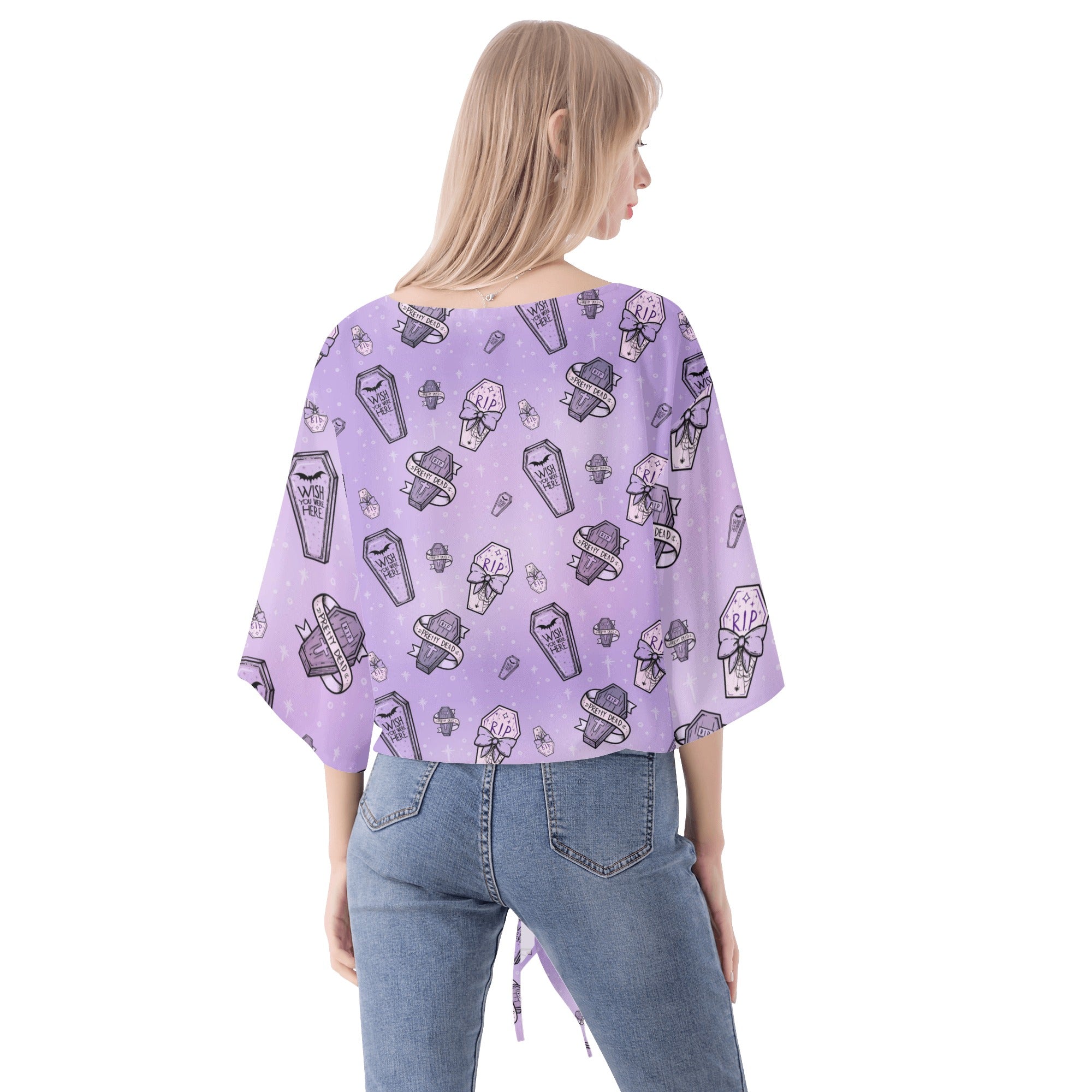 Elegant Purple V-Neck Blouse for Women - Gothic Coffin Print Streamer Top for Cosplay, Halloween & Gothic Fashion