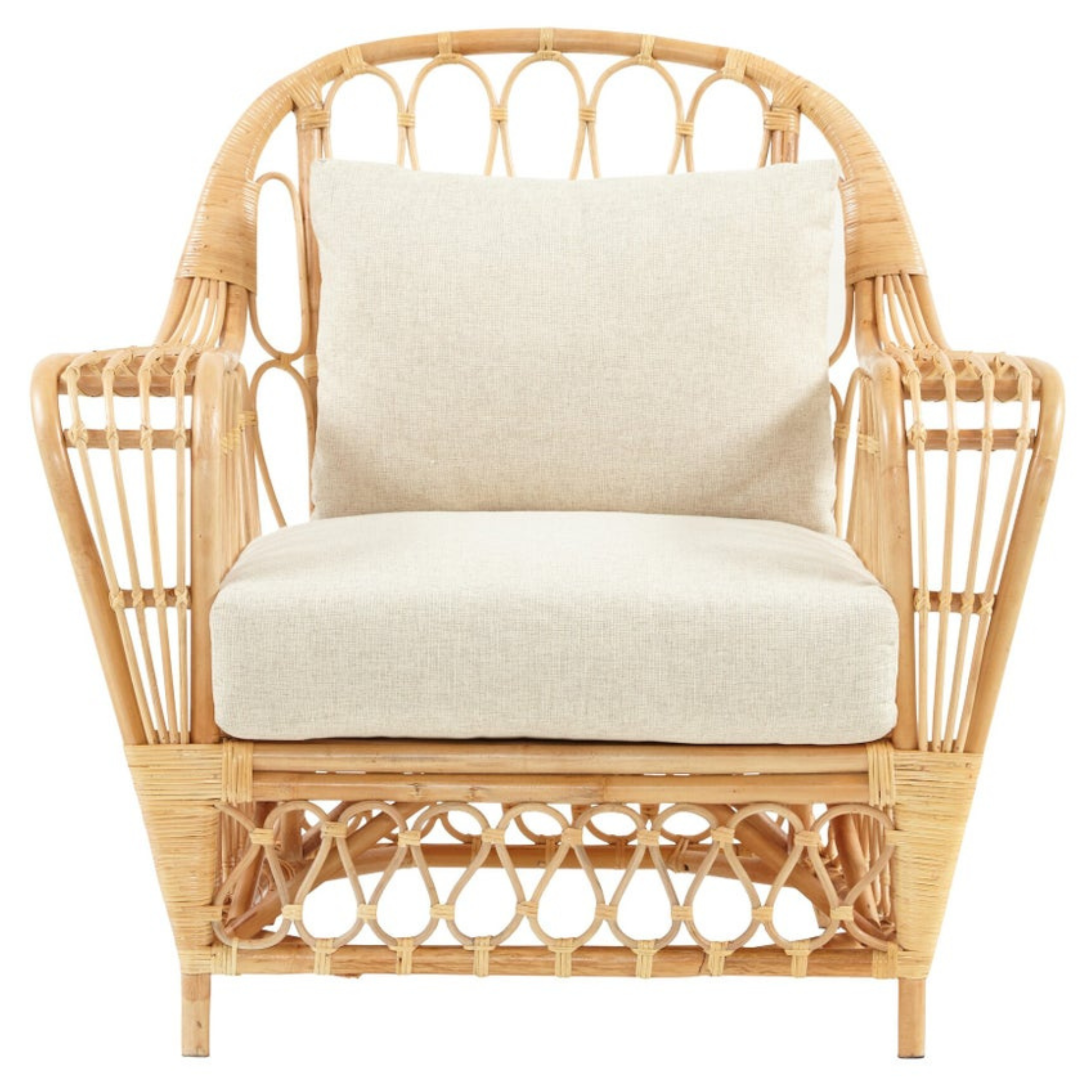 Bar Harbor Natural Rattan Club Chair with Cream Cushion - Comfortable Wicker Lounge Chair for Living Room, Patio, or Sunroom - Perfect for Relaxing and Entertaining