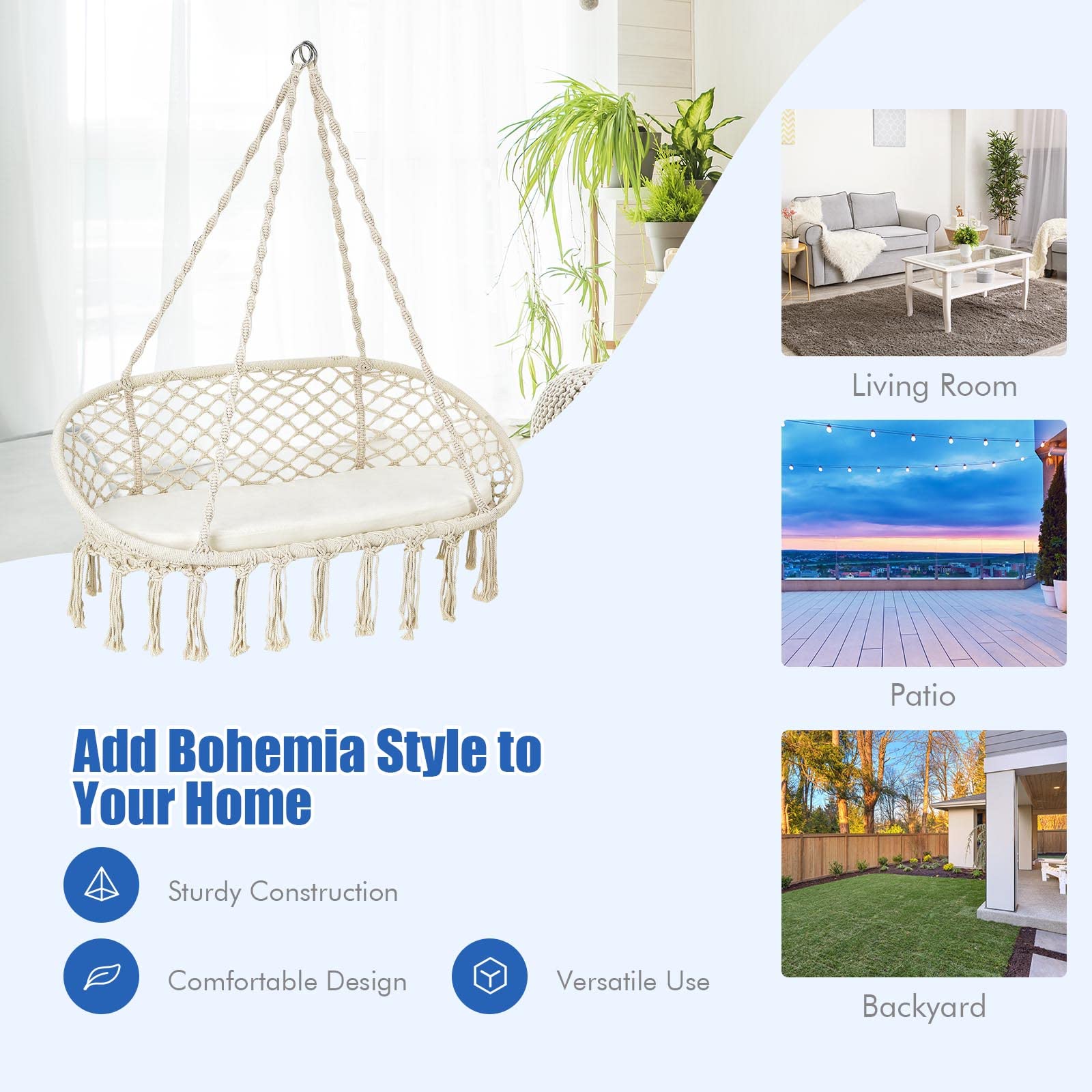 Giantex 2-Person Macrame Hammock Chair with Cushion - 440 lbs Capacity Cotton Rope Hanging Swing Chair with Metal Frame - Perfect for Indoor, Patio, Balcony & Living Room Relaxation - Ideal for Reading, Lounging & Outdoor Leisure Spaces