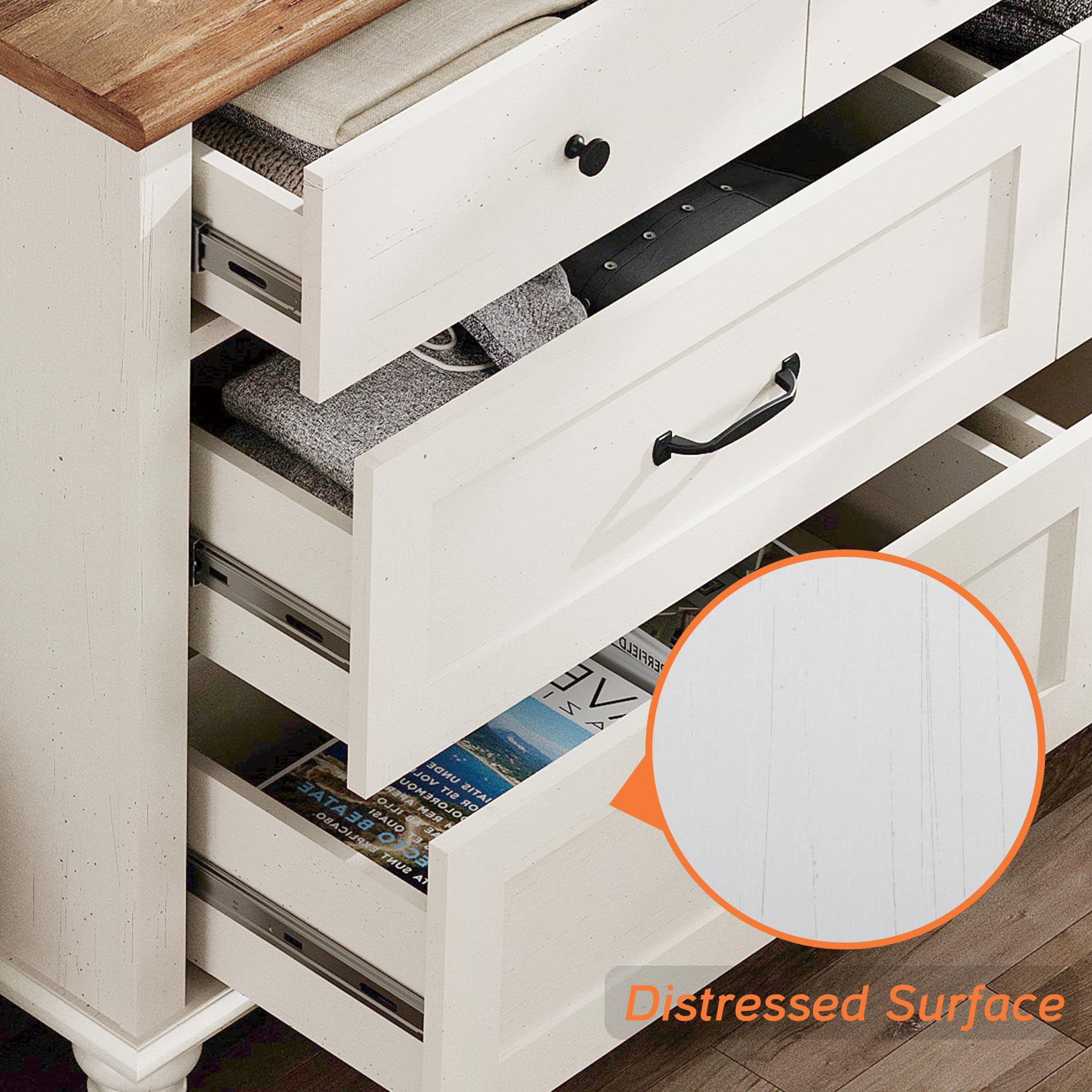 WAMPAT 7-Drawer Kids Dresser for Nursery & Bedroom - White Mid Century Modern Baby Dresser Organizer, 54 Inch Wide Distressed Chest for Children's Room Storage - Perfect for Clothes, Toys & Nursery Organization