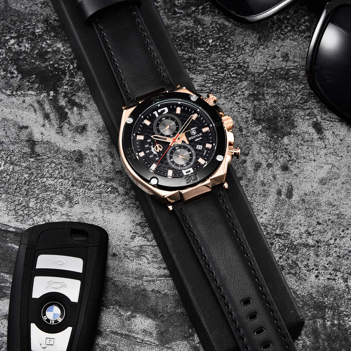 BENYAR Men's Chronograph Date Waterproof Sports Watch - Leather Strap Business Wristwatch for Office, Casual & Outdoor Activities