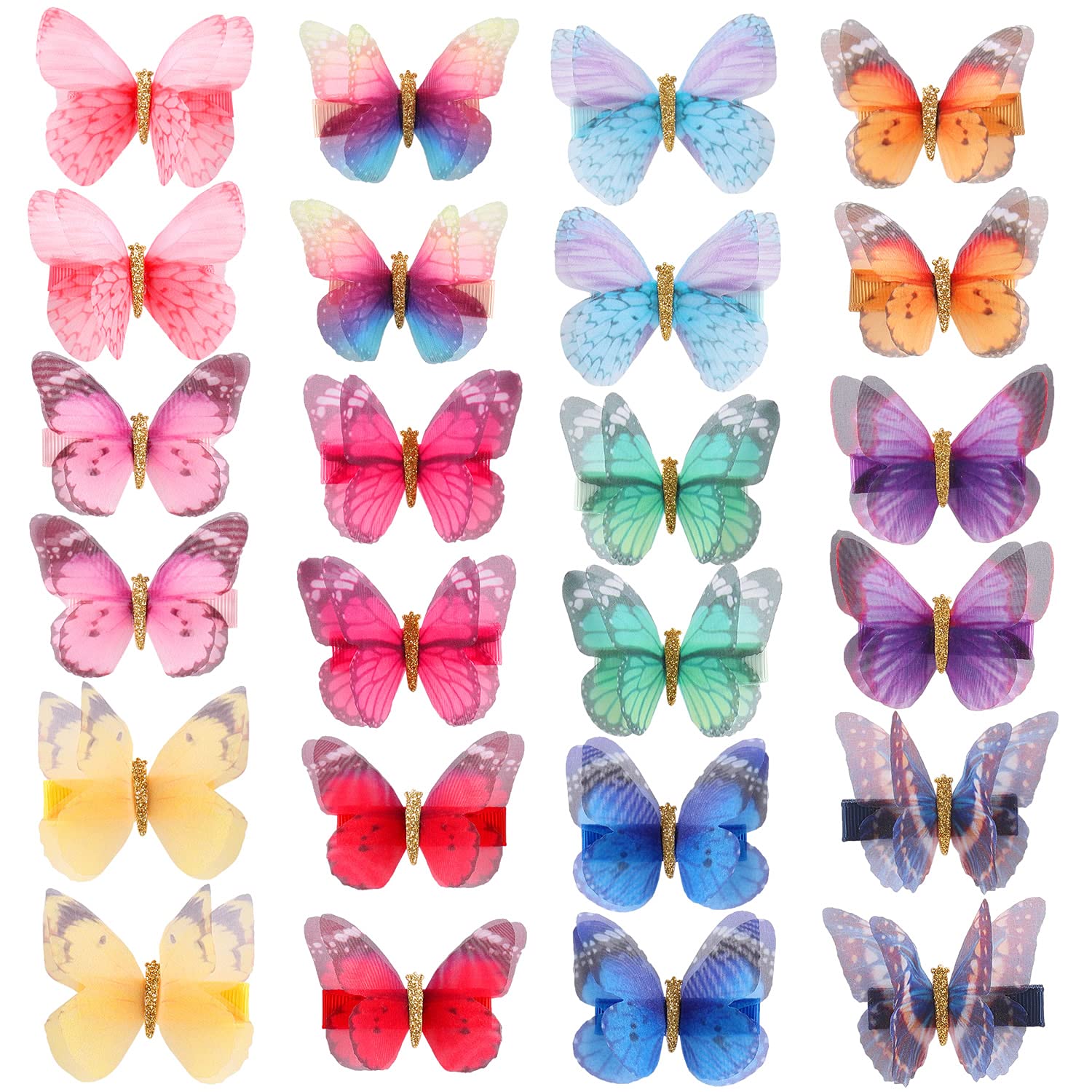 24 Pack Realistic Colorful Butterfly Hair Clips - 12 Pairs Fabric Covered Alligator Clips with Bow Barrettes for Baby Girls, Toddlers & Women | Hair Accessories for Parties, School, Daily Use