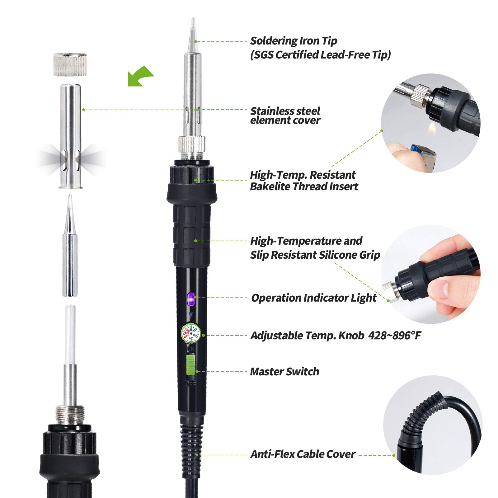 YIHUA 947-III 60W Soldering Iron Kit with Temperature Control, On/Off Switch - Includes Soldering Iron Stand, Tip Cleaner & Sponge - 110V US Plug for Electronics Repair, DIY Projects & Home Use