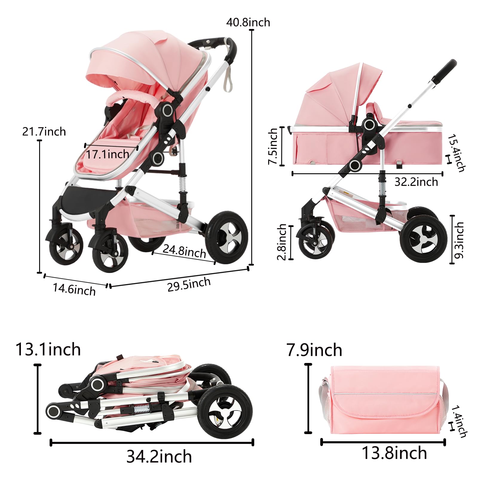 Kinder King 2 in 1 Convertible Baby Stroller - Lightweight Folding Travel Stroller with Reversible Bassinet & Adjustable Canopy | Includes Diaper Bag | Perfect for Newborns & Infants (Pink) | Ideal for Shopping, Travel & Daily Walks