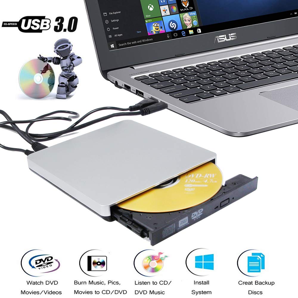 USB 3.0 External DVD CD Burner Drive - Portable Optical Drive for HP Envy Spectre X360 Laptops - Compatible with 360X/360/15/13/15t/13t Models (2018-2019) - 8X DVD±RW & 24X CD-R Recorder - Perfect for Home Office, Travel & Media Backup