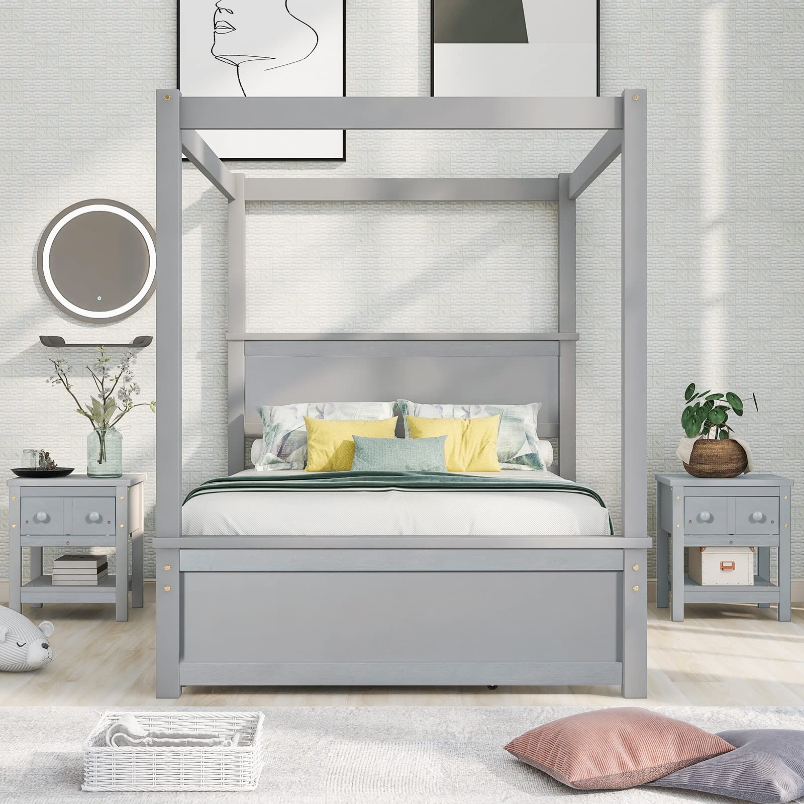 Full Size Wood Canopy Bed with Trundle - 4-Post Platform Bed Frame with 2 Nightstands & Wood Slats Support, No Box Spring Needed - Perfect for Guest Rooms, Kids' Bedrooms & Small Space Living