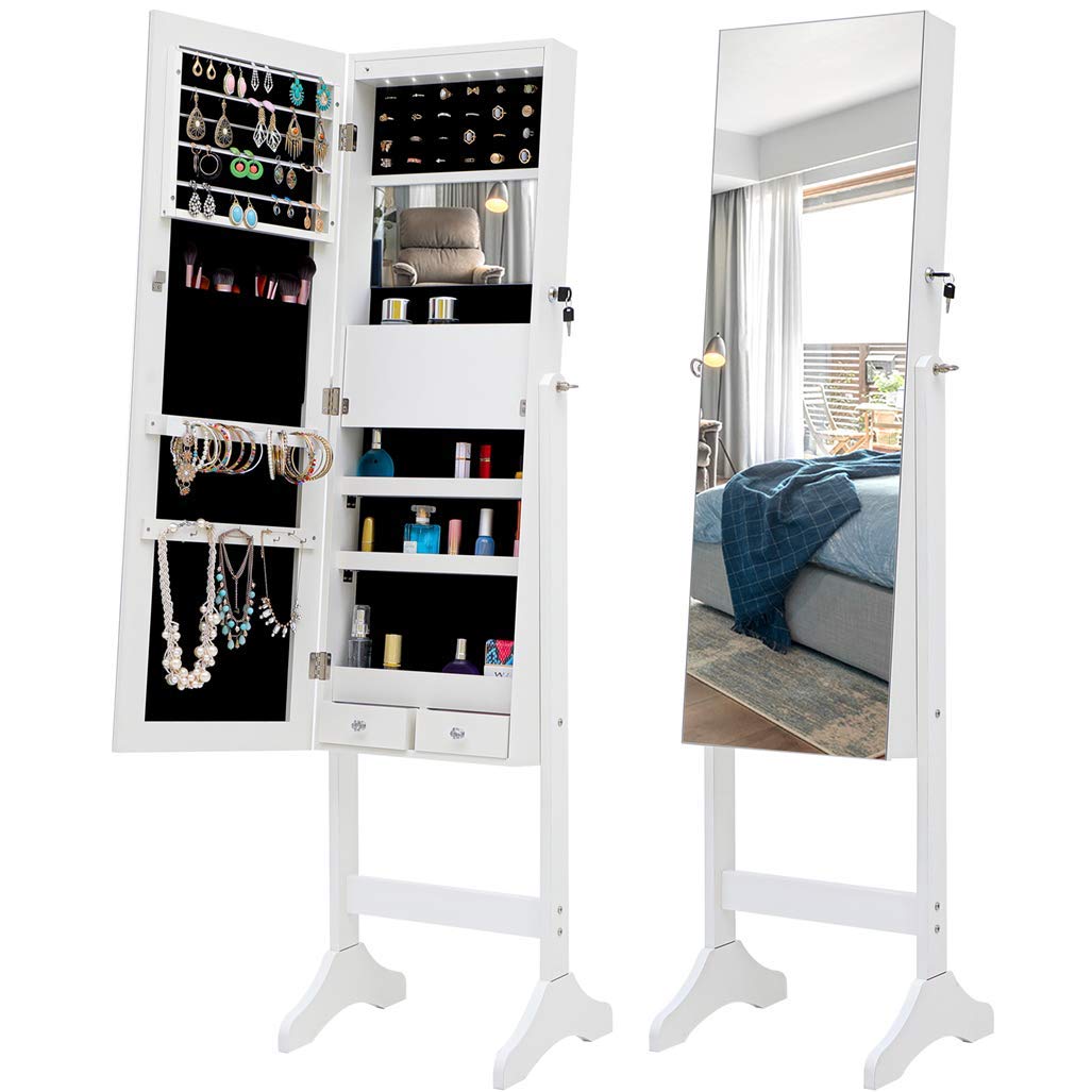 Full Length Standing Mirror with LED Jewelry Cabinet - Lockable Vertical Jewelry Storage, 15.8