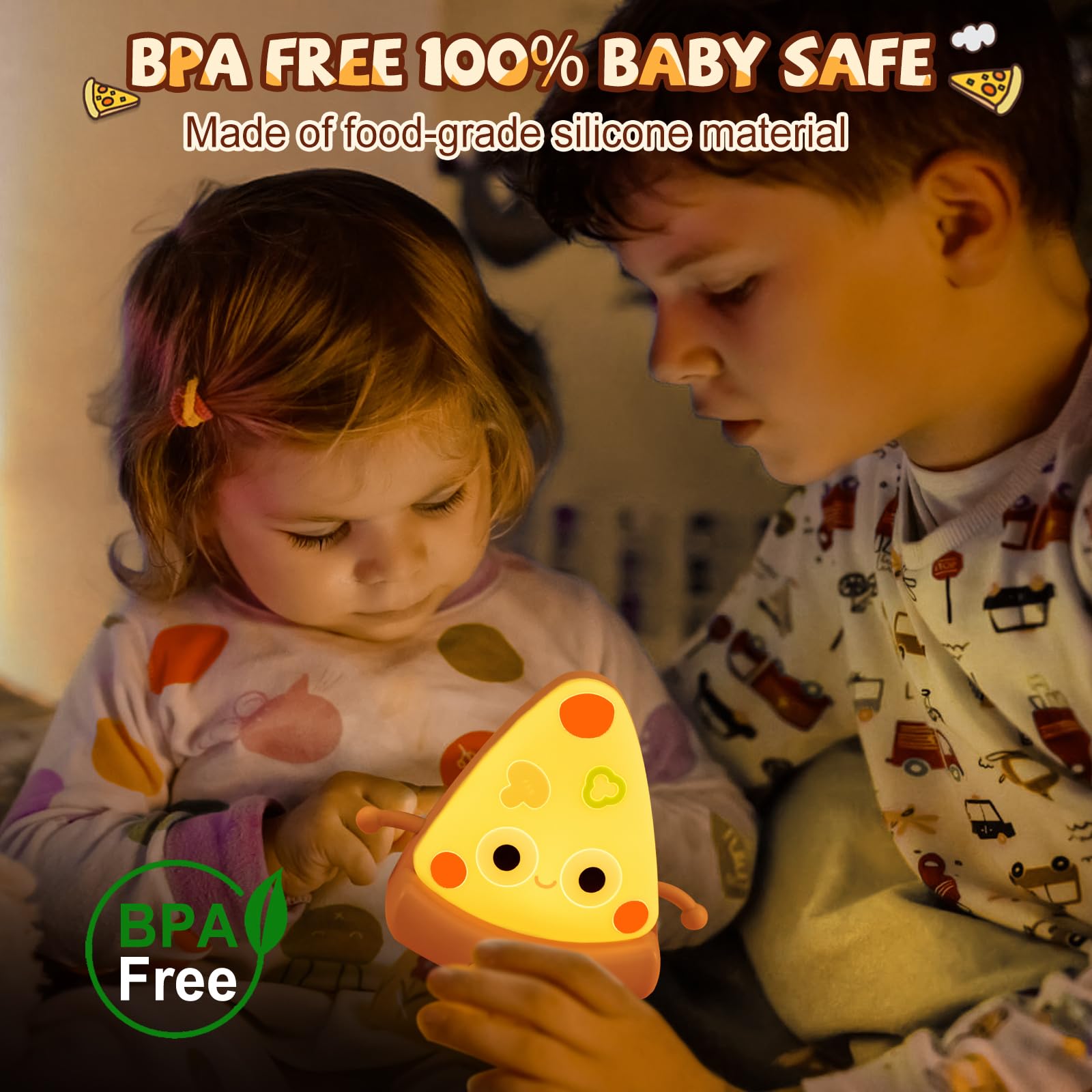 Rechargeable Silicone Pizza Night Light for Kids - Dimmable LED Nursery Nightlight, Kawaii Squishy Lamp for Boys & Girls, Perfect Bedside Gift for Toddlers & Babies | Ideal for Bedrooms, Nurseries, and Sleep Comfort