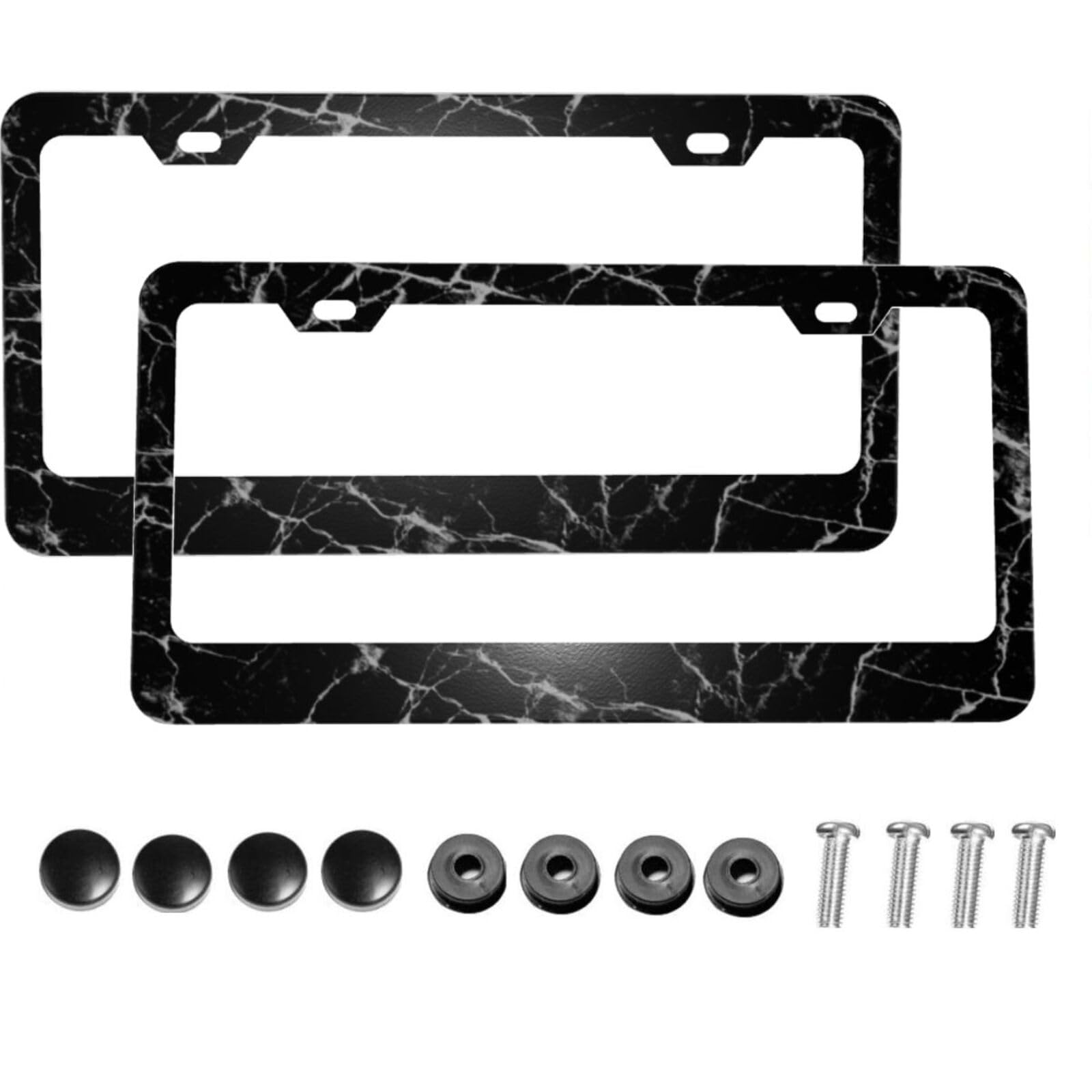 Premium Black & White Marble Matte Aluminum License Plate Frame with Black Screw Caps - 2 Pack (2 Holes) - Durable Car License Plate Cover Holder for US Vehicles - Perfect Gift for Men & Women - Ideal for Cars, Trucks, SUVs & Motorcycles