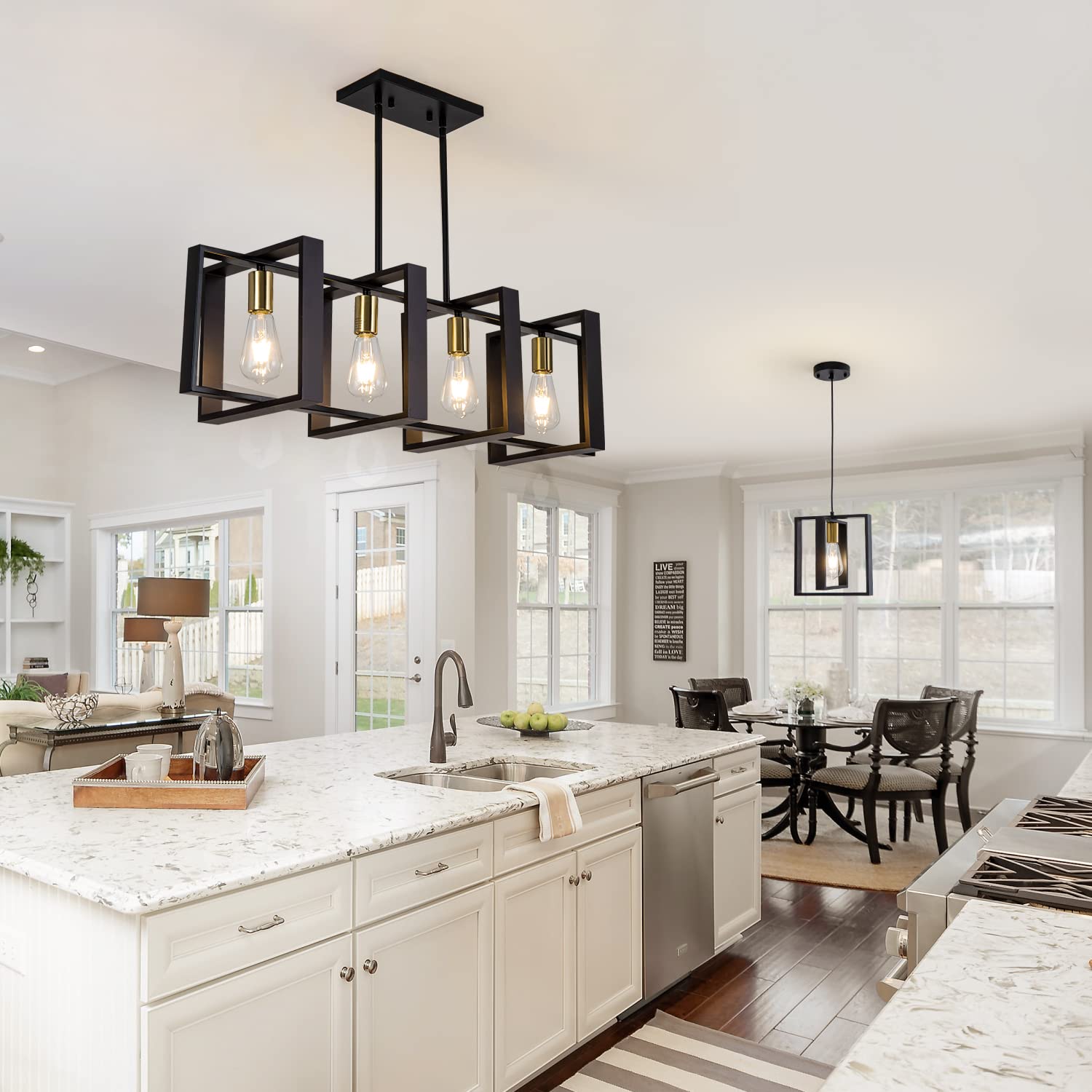 Farmhouse Kitchen Island Lighting - Black Wooden Chandelier with 4 Industrial Rectangle Lights for Dining Room Ceiling | Perfect for Rustic Home Decor, Restaurant Ambiance & Cozy Dining Spaces