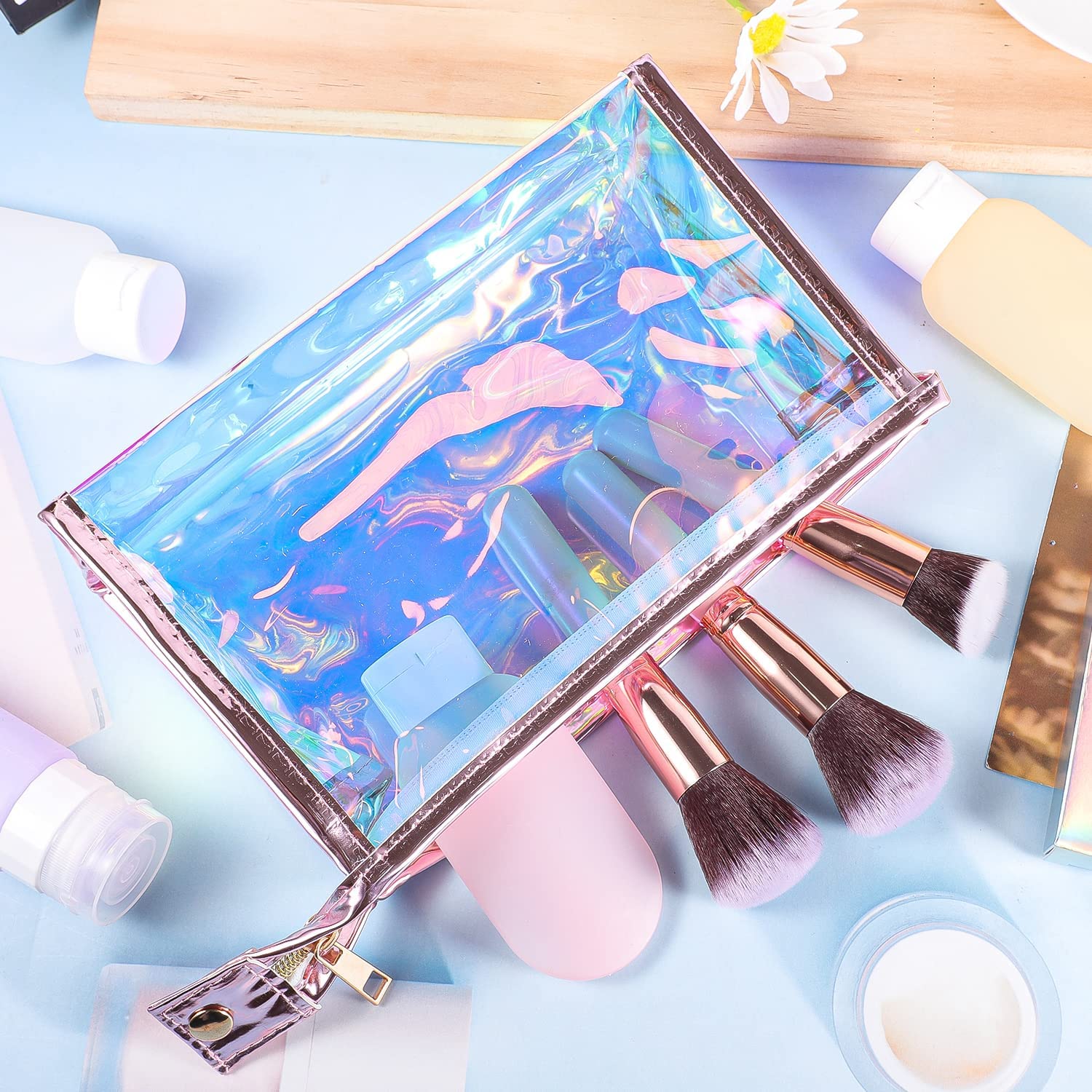 BESARTE 10 Pack Holographic Makeup Bags - Waterproof Clear Cosmetic Toiletry Bags with Zipper, Perfect for Travel, Bridal Shower, Wedding Gifts for Bride & Bridesmaids, Mother's Day Gifts for Women - Bulk Set of 10