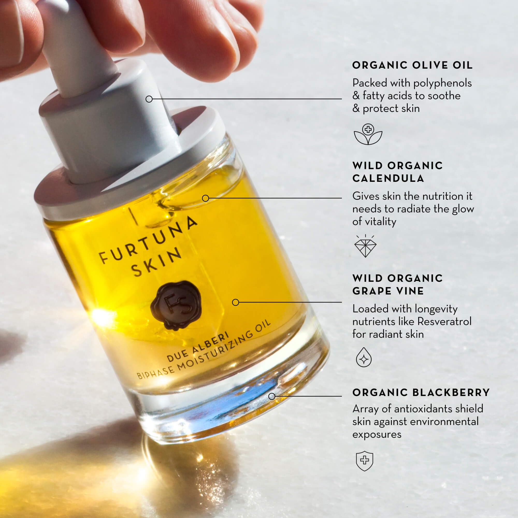 Furtuna Skin Biphase Moisturizing Face Oil - Hydrating, Plumping & Protective Vegan Skincare with Organic Olive Oil for Face, Neck & Décolleté | Cruelty-Free, Anti-Aging Dry Skin Treatment | Perfect for Night Routine & Daily Glow Boost