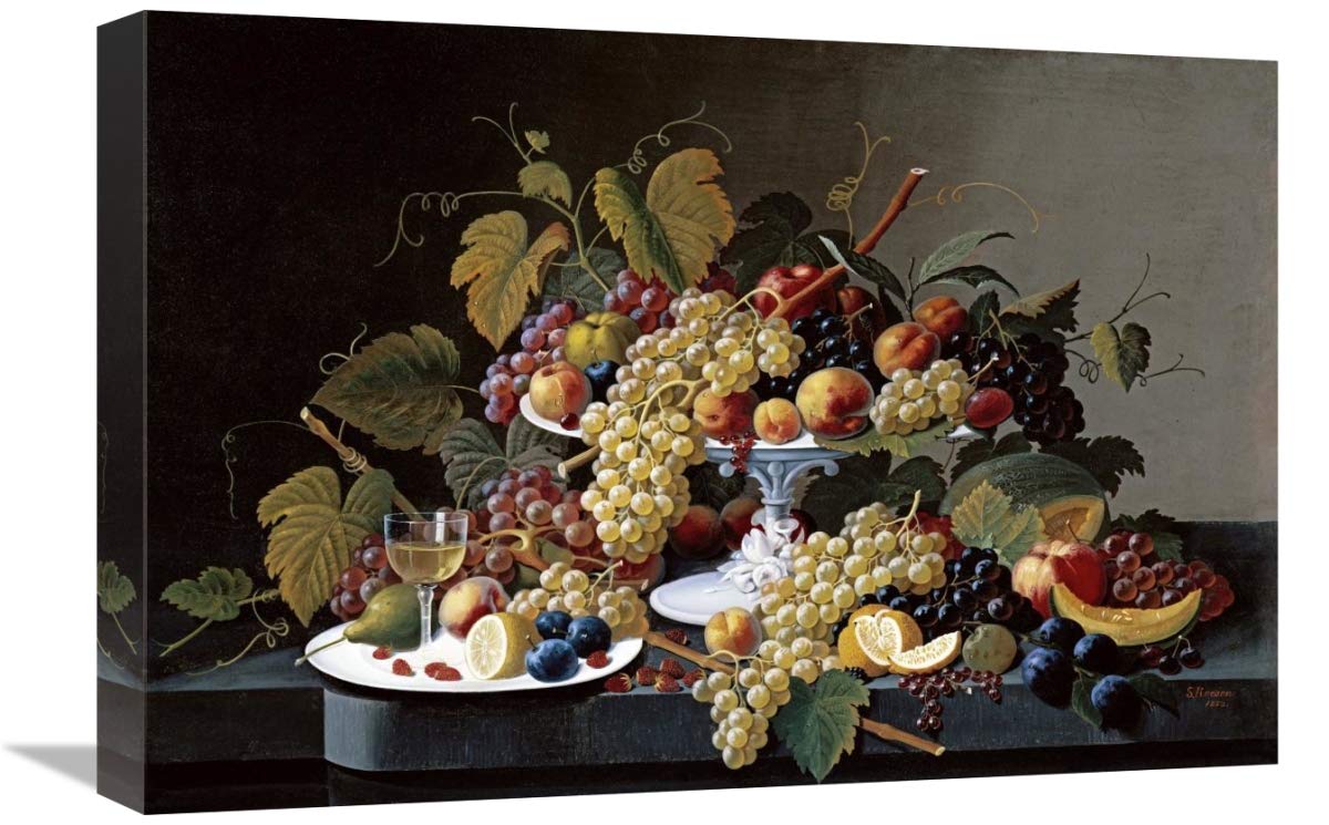 22 Inch Still Life with a Milk Glass Compote Art Print by Severin Roesen - Vintage Fruit Painting for Dining Room, Kitchen Decor & Wall Art