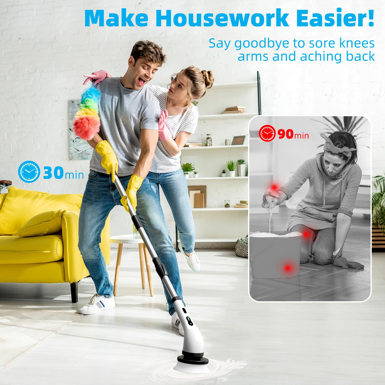 Cordless Electric Spin Scrubber with 9 Brush Heads - Powerful Cleaning Brush for Bathroom, Shower, Bathtub, Tile & Car - Long Handle Rechargeable Scrubber for Deep Cleaning (Perfect for Grout, Hard Water Stains & Tough Soap Scum Removal)