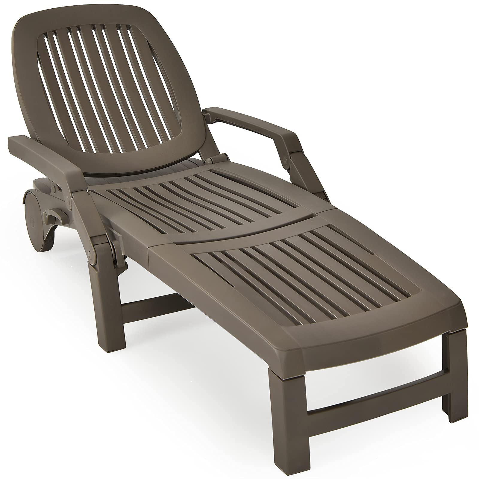 Giantex Adjustable Chaise Lounge Chair - 6-Position Recliner with Wheels, Foldable Outdoor Patio Furniture for Poolside, Garden, Beach | Brown Sun Lounger for Relaxing by the Pool, Backyard or Balcony