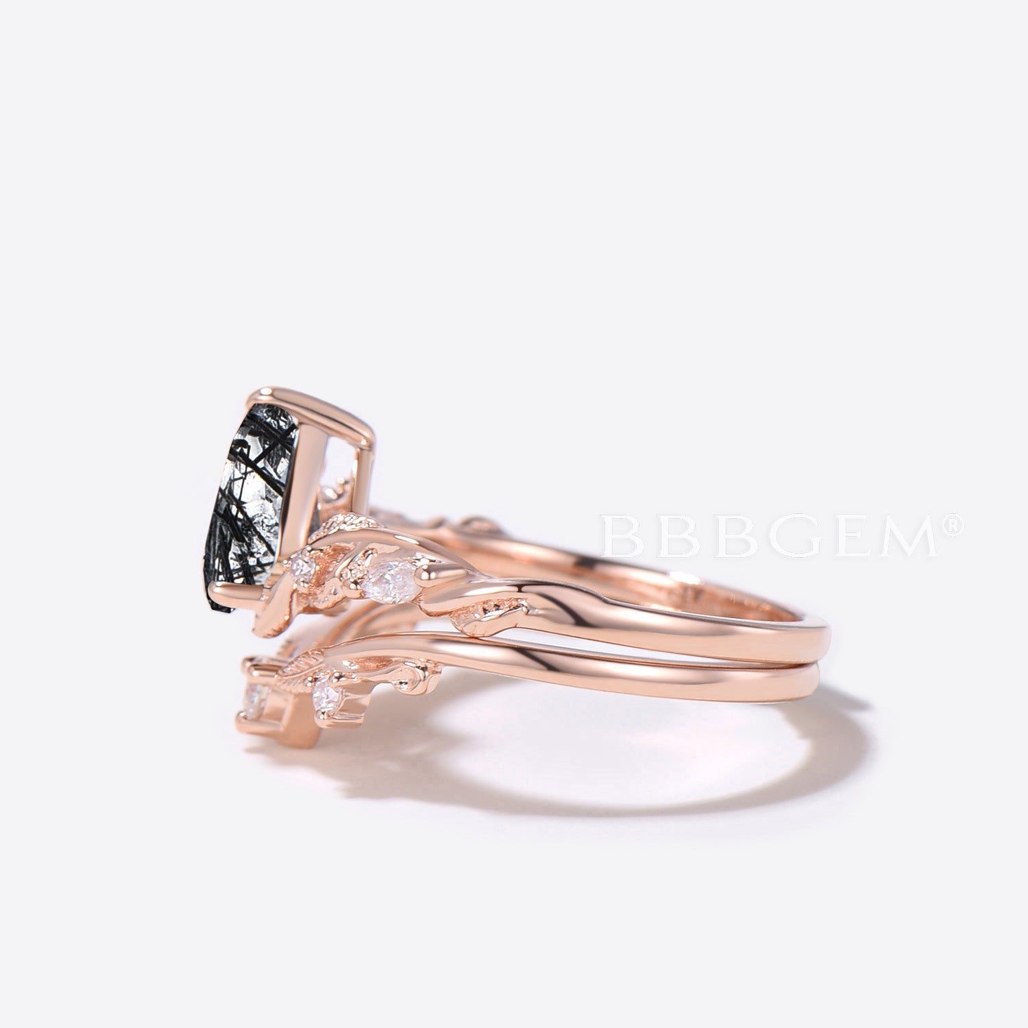 Elegant Teardrop Black Rutilated Quartz Engagement Ring - Leaf Branch Design Wedding Band for Women | Perfect for Proposals, Anniversaries & Romantic Occasions