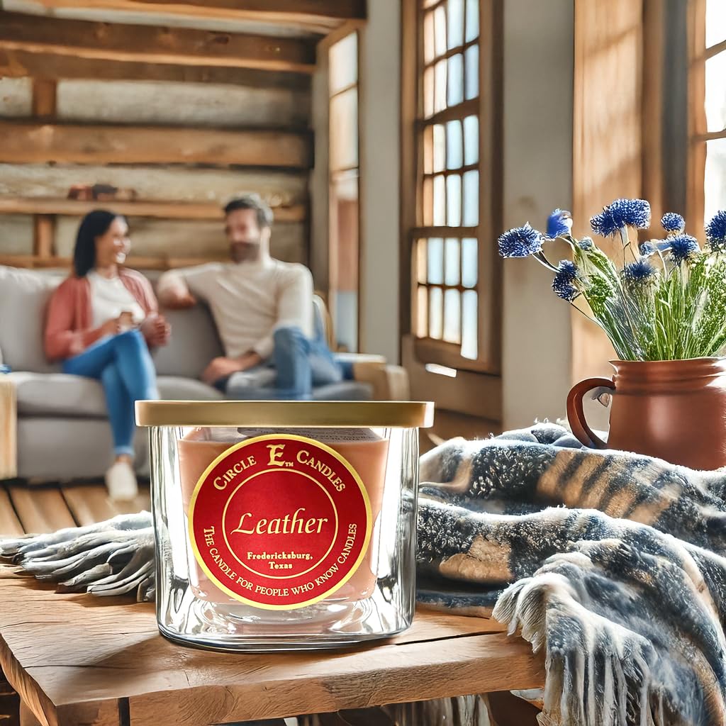 Circle E Candles - 8oz Leather Scented Jar Candle with 1 Wick | Small Home Decor for Living Room, Bedroom & Office | Aromatherapy & Relaxation Gift
