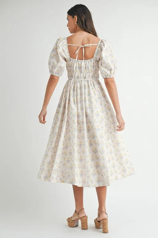 Floral Puff Sleeve Midi Summer Dress for Women - Boho Flowy Beach Dress with Ruffle Hem, Perfect for Vacation, Wedding Guest & Outdoor Parties