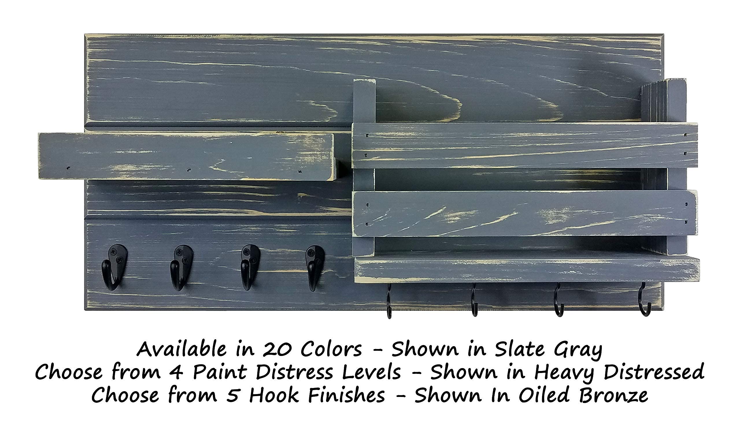 Farmhouse Rustic Wall Mount Organizer with Key & Coat Hooks - Handmade in USA - 20 Custom Colors (Slate Gray Shown) - Perfect for Entryway, Office & Home Organization - Mail Holder, Key Rack & Shelf Combo