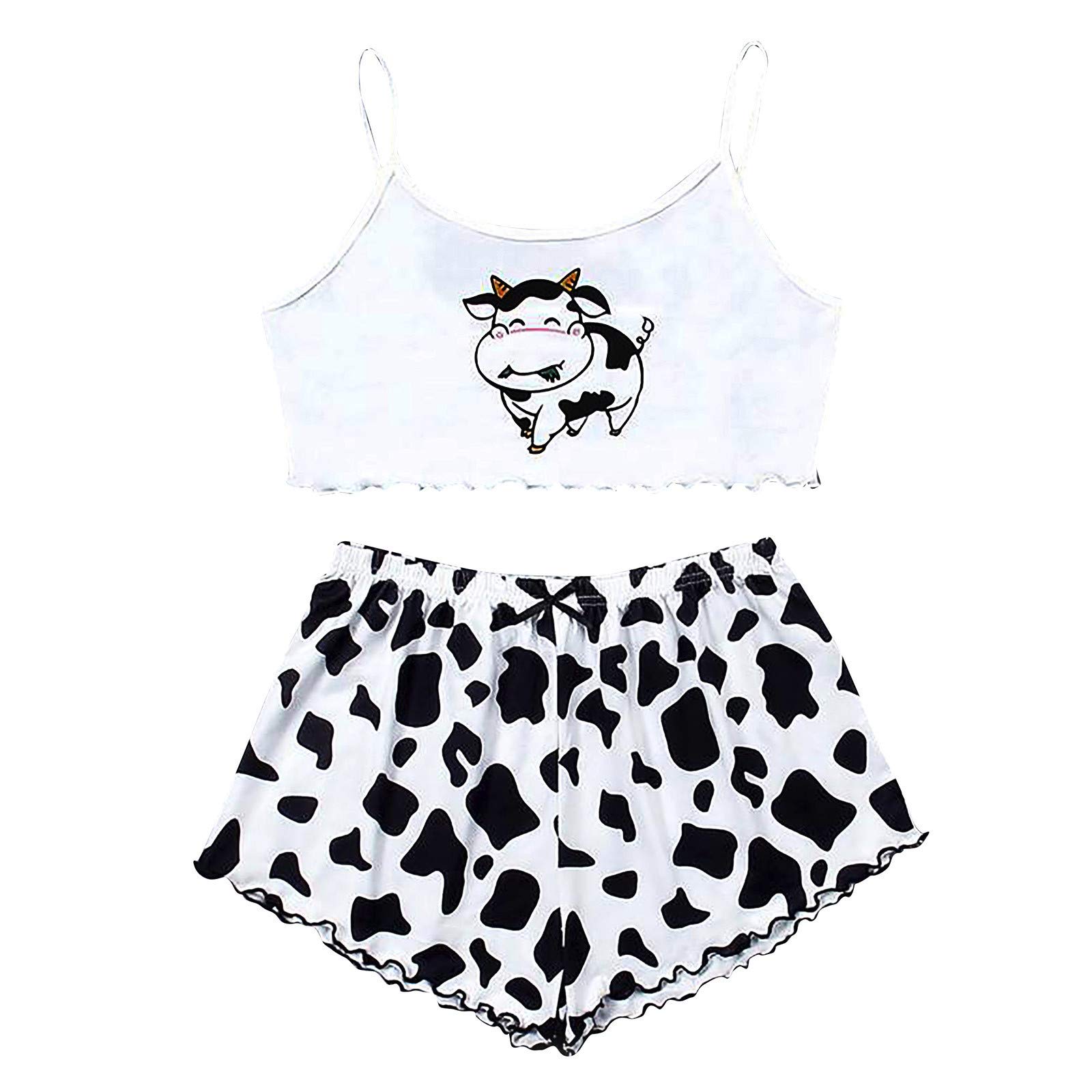 Women's 2 Piece Cute Pajama Set - Soft Cotton Sleepwear with Cartoon Cow Print, Crop Cami Top & Lounge Shorts for Women | Comfortable Nightwear for Sleep, Relaxing at Home & Vacation Outfits