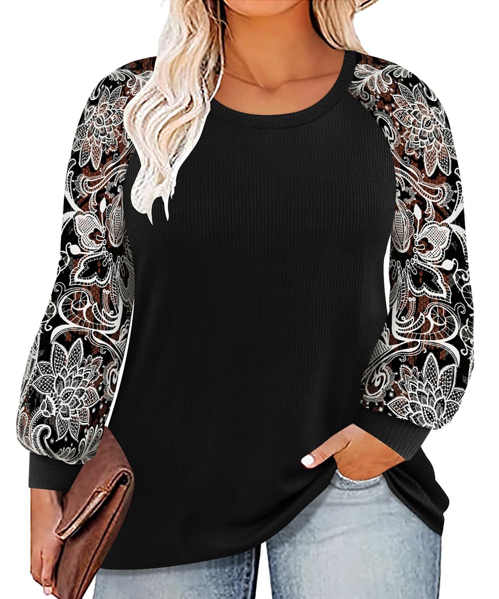 TIYOMI Plus Size Lace Puff Sleeve Shirts for Women - Crewneck Waffle Knit Tops XL-5XL - Casual Blouse for Work, Date Night & Spring Outfits