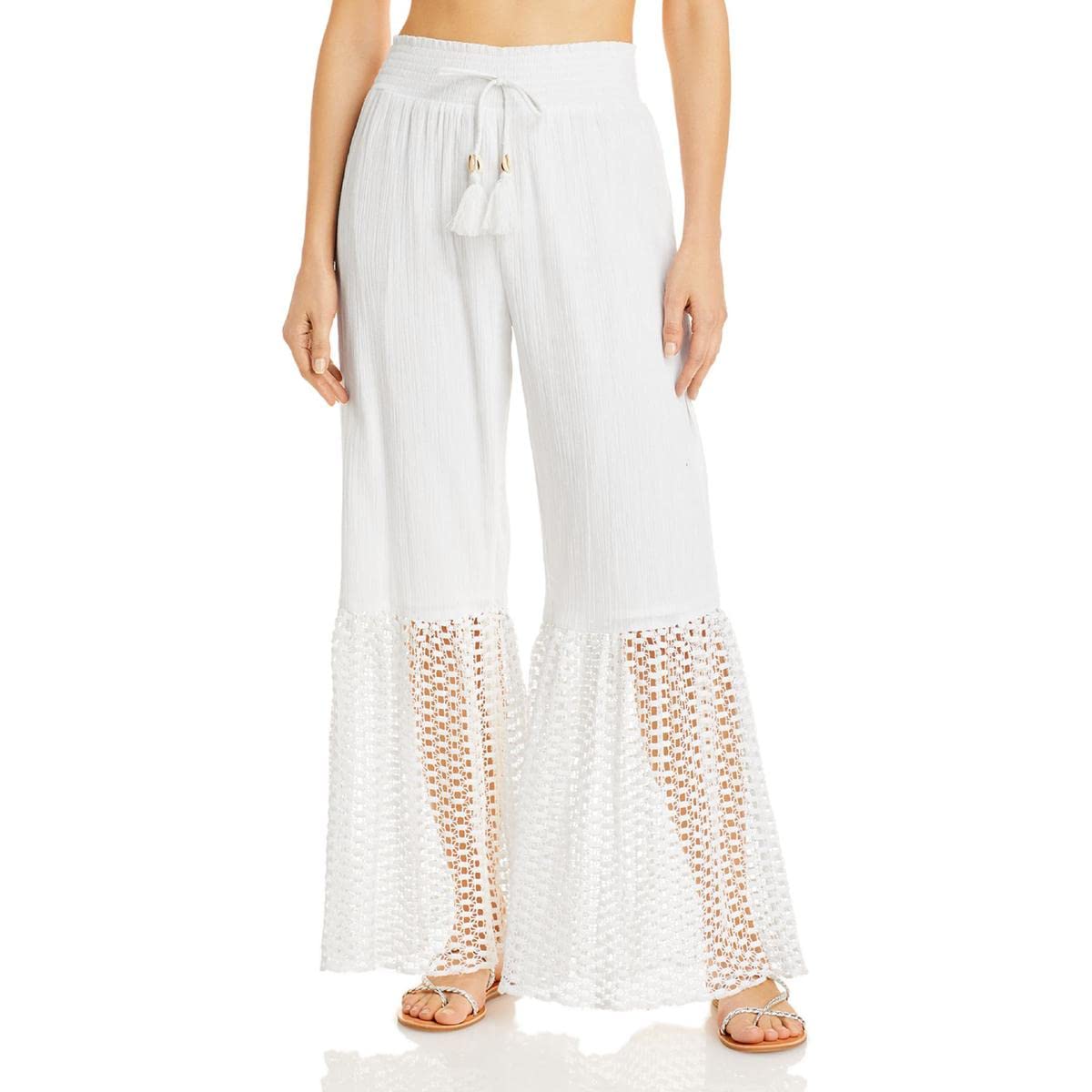 Women's Smocked Tassel Pants Swim Cover-Up - White Summer Beachwear for Poolside, Vacation & Resort Wear