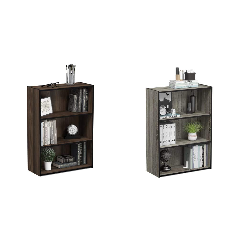 Furinno Pasir 3-Tier Open Shelf Bookcase - Columbia Walnut & French Oak Grey - Space-Saving Storage for Books, Toys, and Home Decor - Perfect for Living Room, Bedroom, or Office Organization