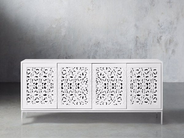 Hand Carved Mandala Media Unit - Solid Wood TV Stand with Storage | Modern Wooden Credenza for Living Room | Perfect for Home Theater & Entertainment Center