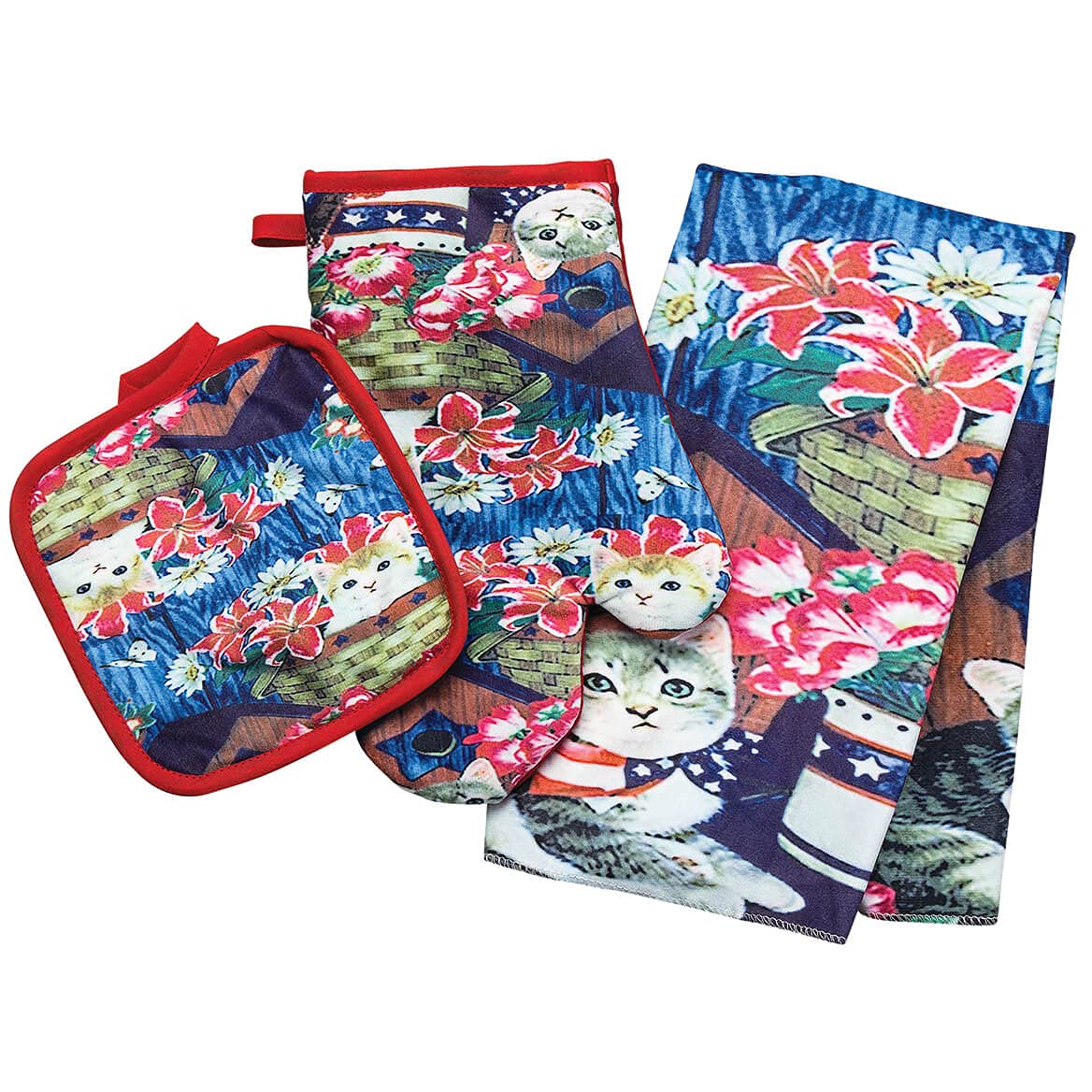 Fox Valley Traders Patriotic Kitten Kitchen Towel, Oven Mitt & Pot Holder Set - Perfect for 4th of July, Memorial Day & American-Themed Parties