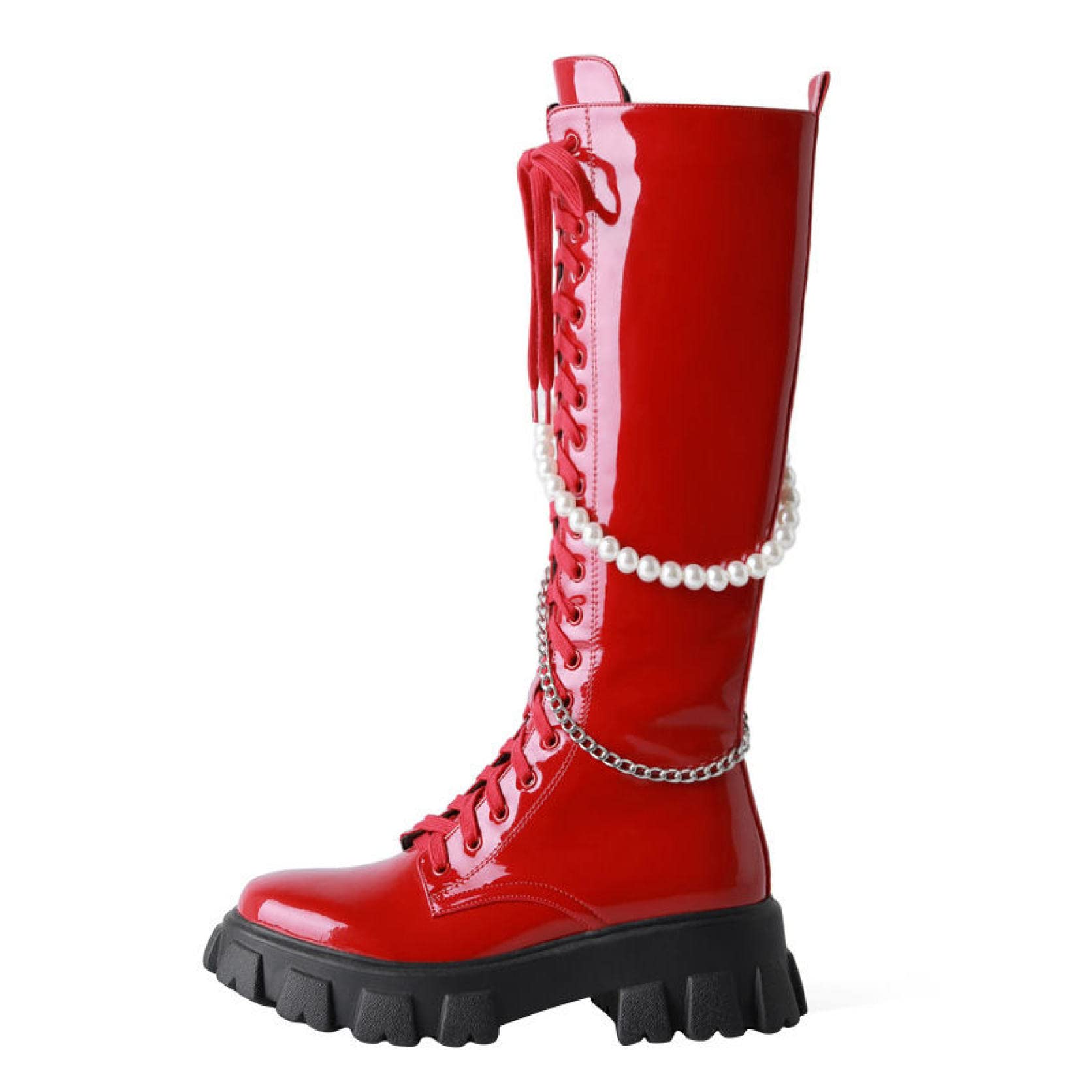 Women's Patent Leather Knee High Boots with Pearl Chain - Platform Block Heels, Lace-Up & Zipper - Gothic Winter Riding Boots for Fashion, Party & Night Out