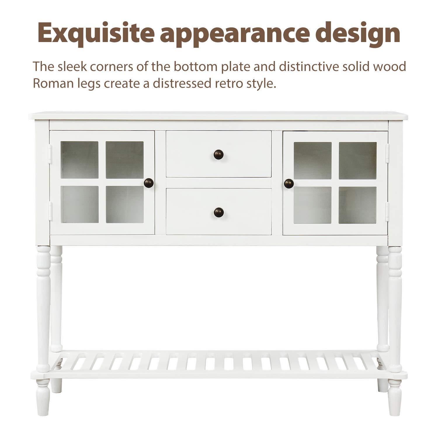 Farmhouse Style Sideboard Console Table with Glass Top and Bottom Shelf - Entryway Sofa Table, Buffet Storage Cabinet for Living Room, Hallway & Dining Room - White