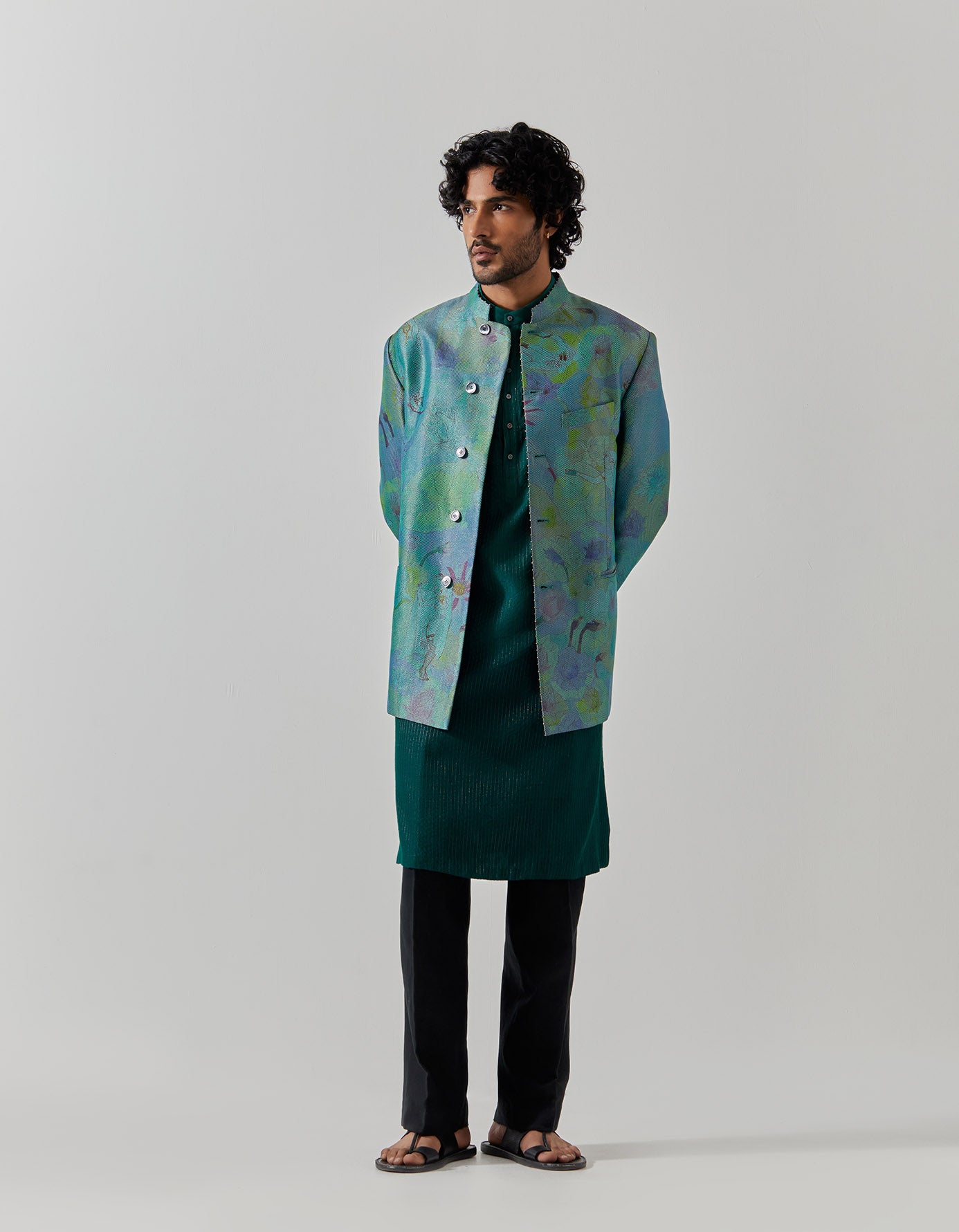 Elegant Bandhgala Silk Brocade Jacket in Aqua Fresco Color - Perfect for Weddings, Parties & Formal Events