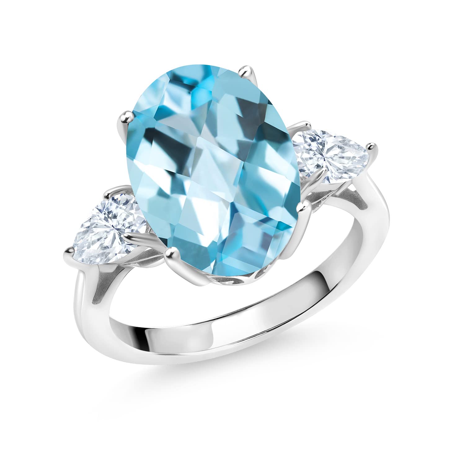 925 Sterling Silver Sky Blue Topaz & White Moissanite 3-Stone Women's Ring (8.00 CTTW, Size 5-9) | Gemstone Birthstone Jewelry for Anniversary, Engagement & Gift Giving