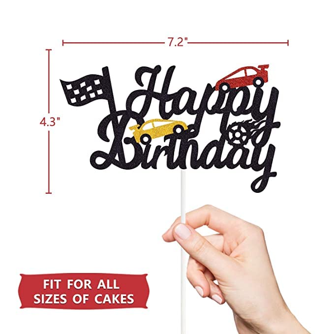 Marwey Race Car Birthday Cake Topper - Happy Birthday Cake Decor with Chequered Flag Design - Double-Sided Party Supplies for Kids' Race Car Themed Birthday Celebrations