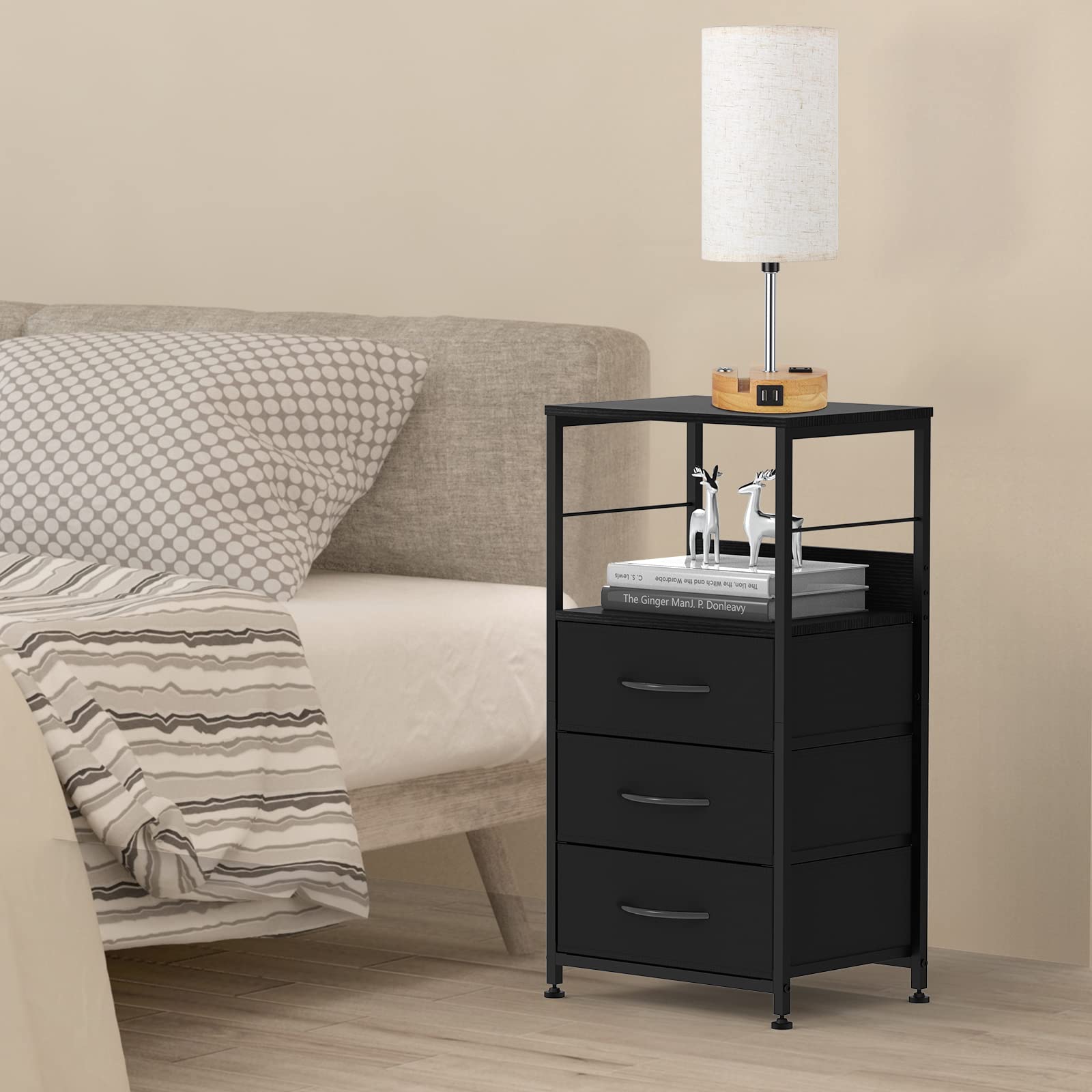 Modern Black Nightstand with 3 Fabric Drawers & Storage Shelf - Tall Bedside Table for Bedroom, Living Room, Office & Study - Perfect for Storing Books, Lamps & Bedroom Essentials