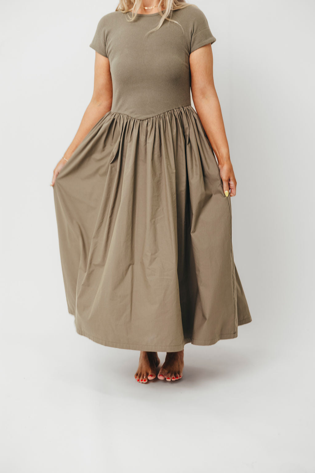 Dolores Olive Rib and Woven Skirt Combo Dress for Women | Elegant Casual Outfit for Parties, Dates & Office Wear