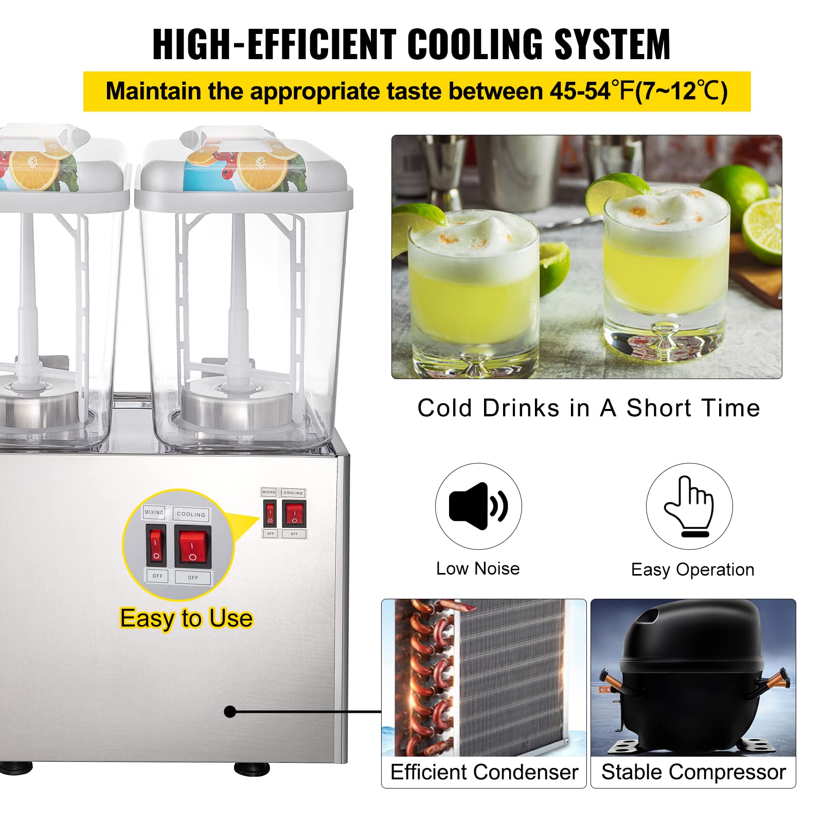 VEVOR 110V Commercial Beverage Dispenser - 9.5 Gallon (36L) Dual Tank Juice Dispenser with Thermostat Control - 18L Per Tank, 300W Stainless Steel Food Grade Drink Dispenser for Iced Tea, Lemonade & Party Drinks - Perfect for Restaurants, Cafes & Catering Events