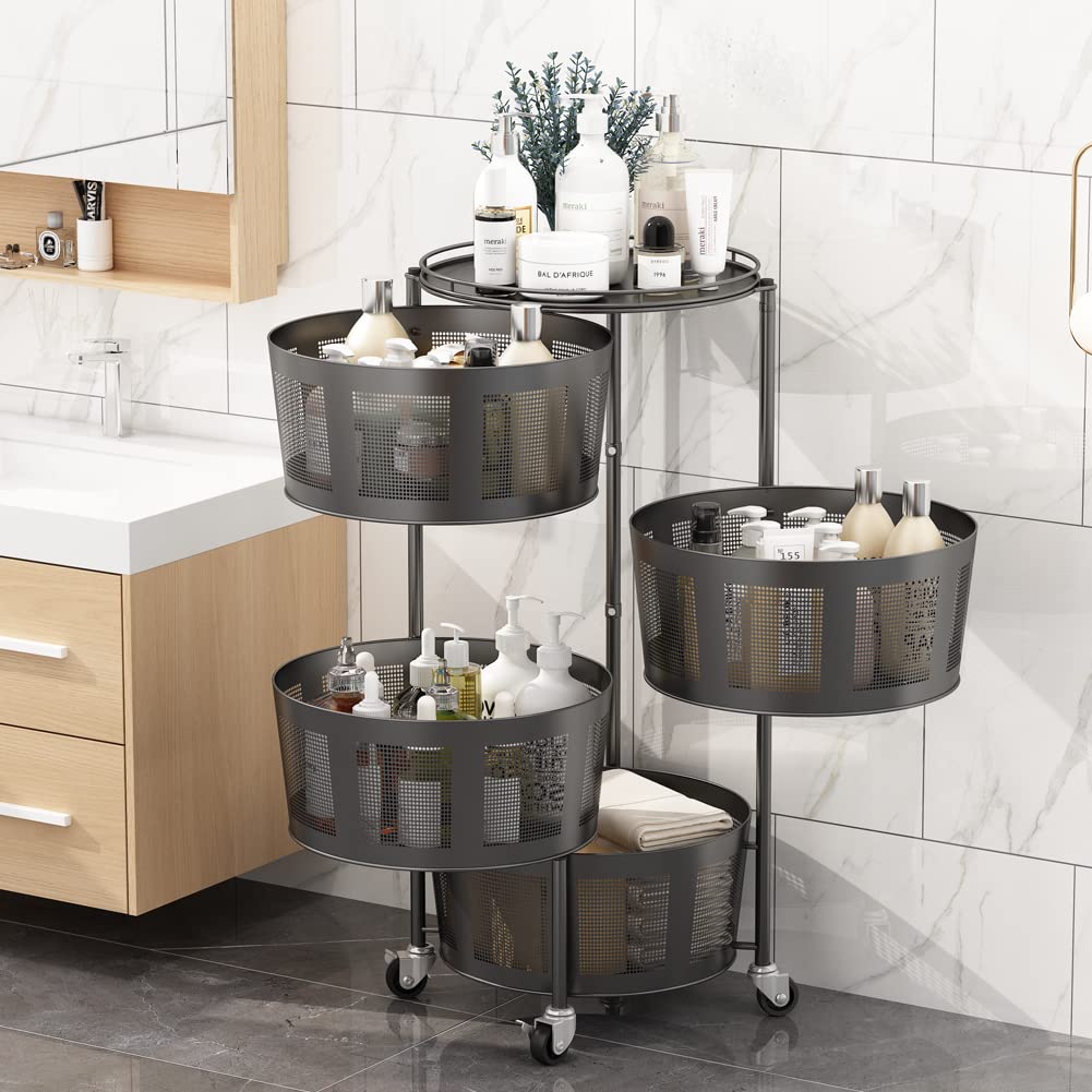 4-Tier Rotating Metal Kitchen Storage Basket Organizer - Space-Saving Hanging Fruit & Vegetable Basket for Pantry, Bathroom, Living Room | Perfect for Small Space Organization & Clutter-Free Home Storage