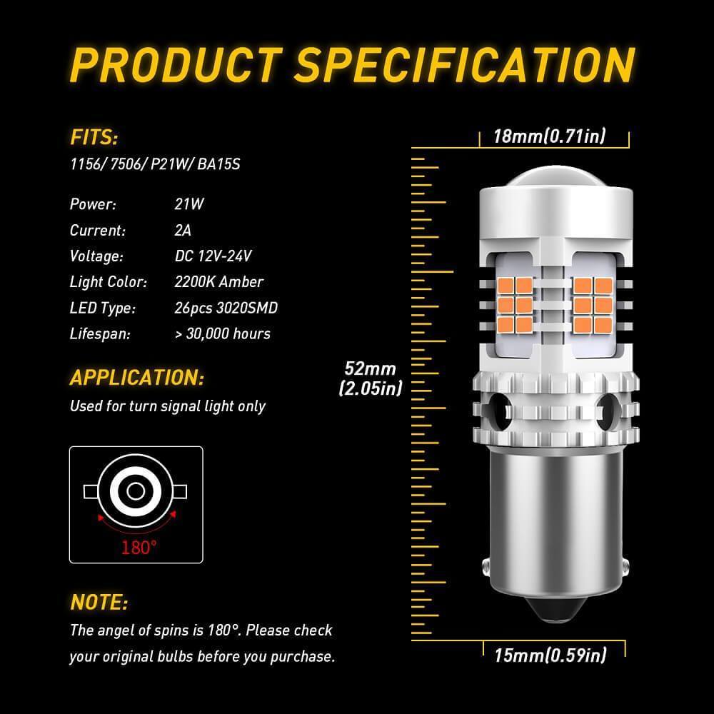 1156 BA15S 7506 LED Bulb - CANBUS Error Free Turn Signal Light with Built-in Load Resistor, 2200K Amber Yellow, 2800LM - Perfect for Cars, Trucks, Motorcycles & Off-Road Vehicles