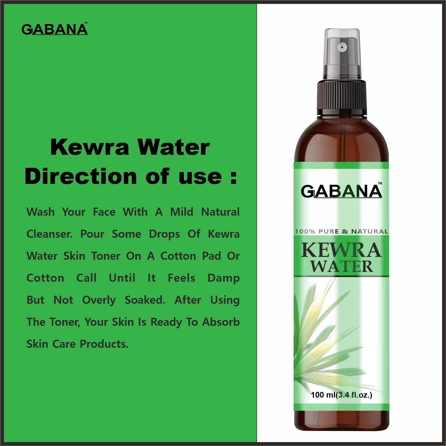 GABANA Natural Kewra Water for Face & Skin (Pack of 2, 100ml) | Organic Facial Toner, Makeup Remover & Skin Tightening Solution | Refreshing & Glowing Skin Care | Perfect for Daily Cleansing, Hydration & Makeup Removal Routine