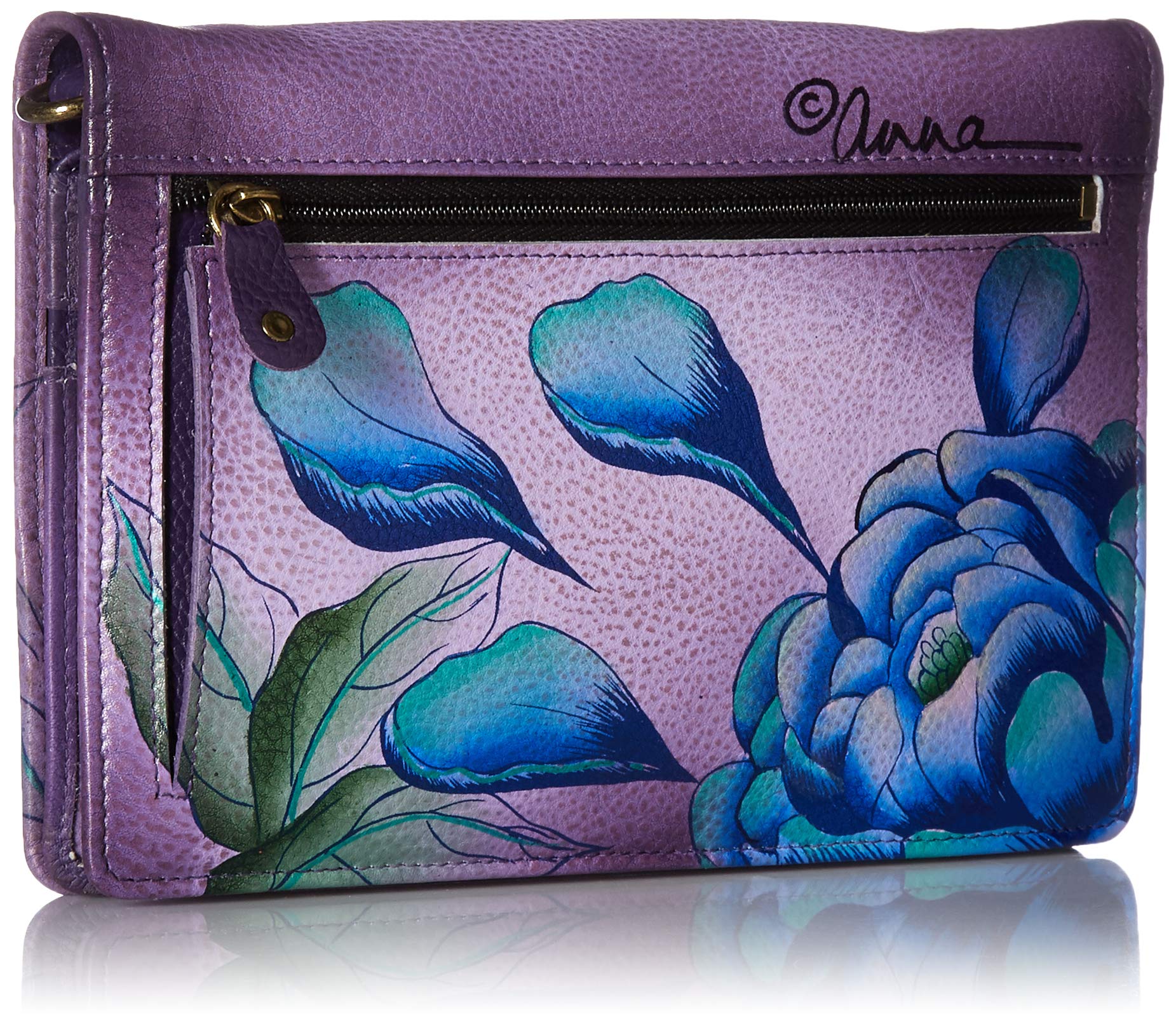 Anuschka Hand-Painted Genuine Leather Women's Wallet - Flap Organizer with Peony & Eggplant Design - Perfect for Everyday Use, Travel & Gift Giving