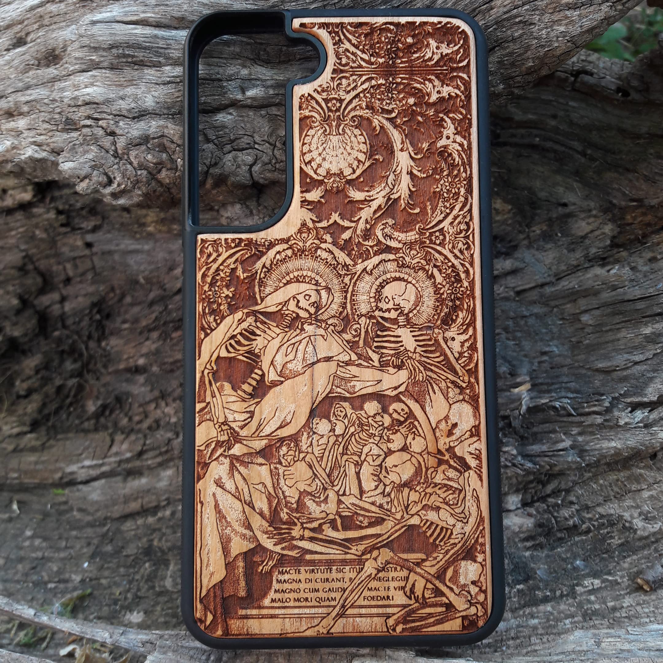 Human Skeleton Laser Engraved Wood Phone Case for iPhone 16/15/14/13/12/11 Pro Max Mini & Galaxy S25/S24/S23/S22/S21/S20 Ultra Plus - Eco-Friendly Slim Durable Wooden Cover for Everyday Protection & Style