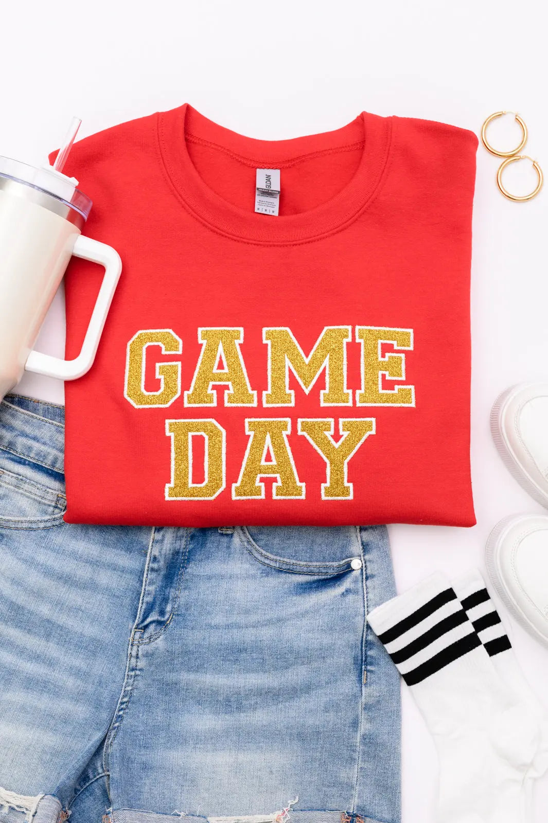 PREORDER: Embroidered Glitter Game Day Sweatshirt - Red & Gold Team Spirit Pullover for Football, Basketball & Tailgate Parties | Comfortable Fan Apparel for Sports Events & Casual Wear
