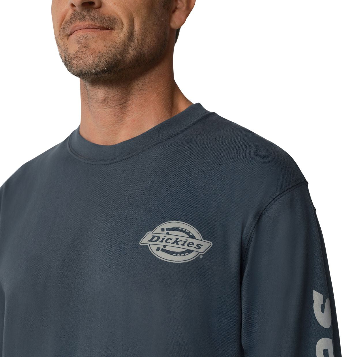 Dickies Heavyweight Logo Men's Long Sleeve Work T-Shirt - Durable Cotton Crewneck Shirt for Construction, Warehouse & Outdoor Jobs (Airforce Blue, WL22C) - Perfect for Workwear, Casual Wear & DIY Projects