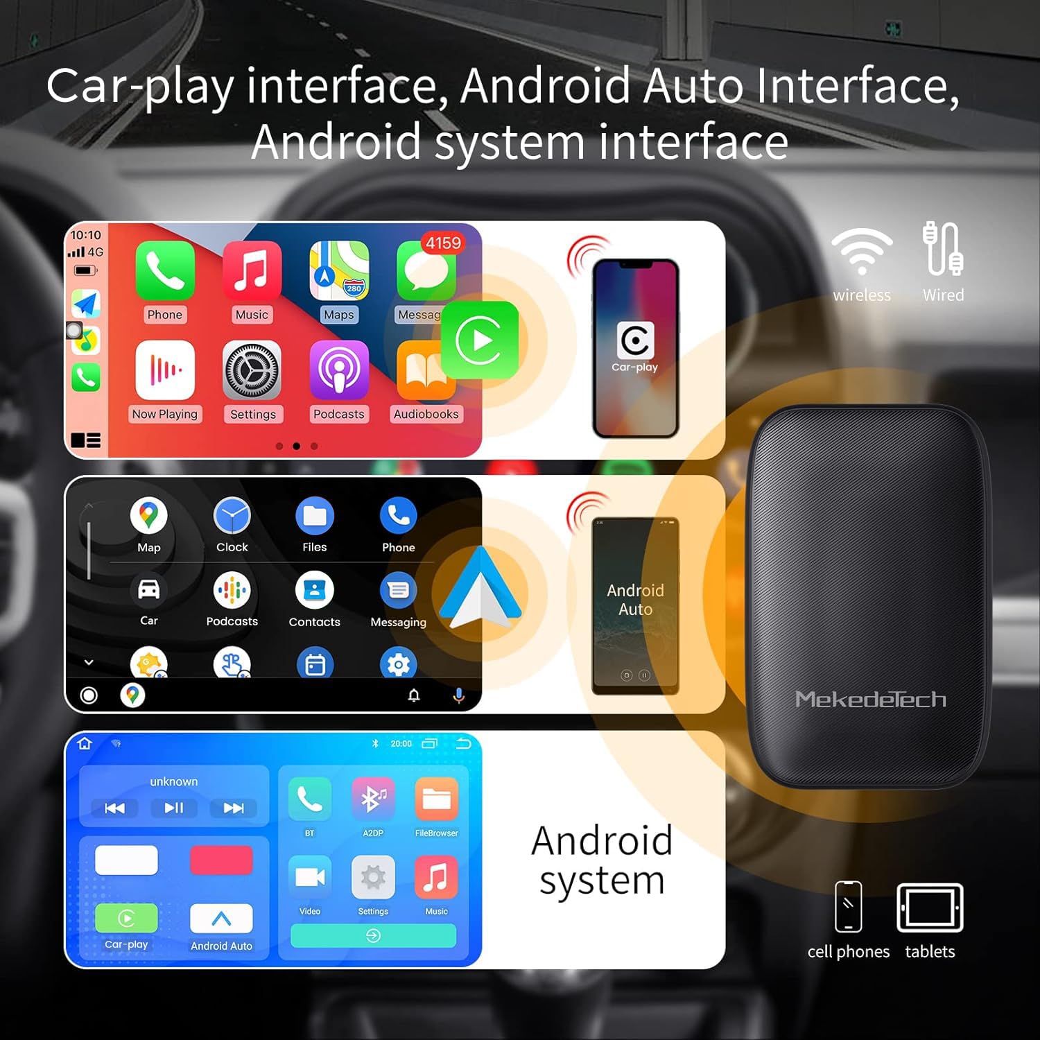 MekedeTech Wireless CarPlay & Android Auto Adapter - Plug & Play Wired to Wireless Converter for iPhone & Android - CarPlay AI Box with Netflix/YouTube Support | Perfect for Commuting, Road Trips & In-Car Entertainment