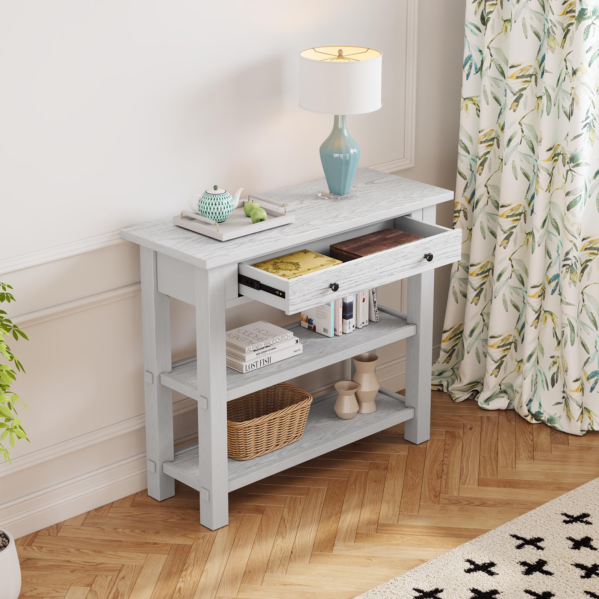 Rustic Entryway Console Table with Storage Drawer & 2 Shelves - Farmhouse Hallway Sofa Table for Living Room, Foyer & Entryway - Easy Assembly Antique White - Perfect for Home Decor & Small Space Organization