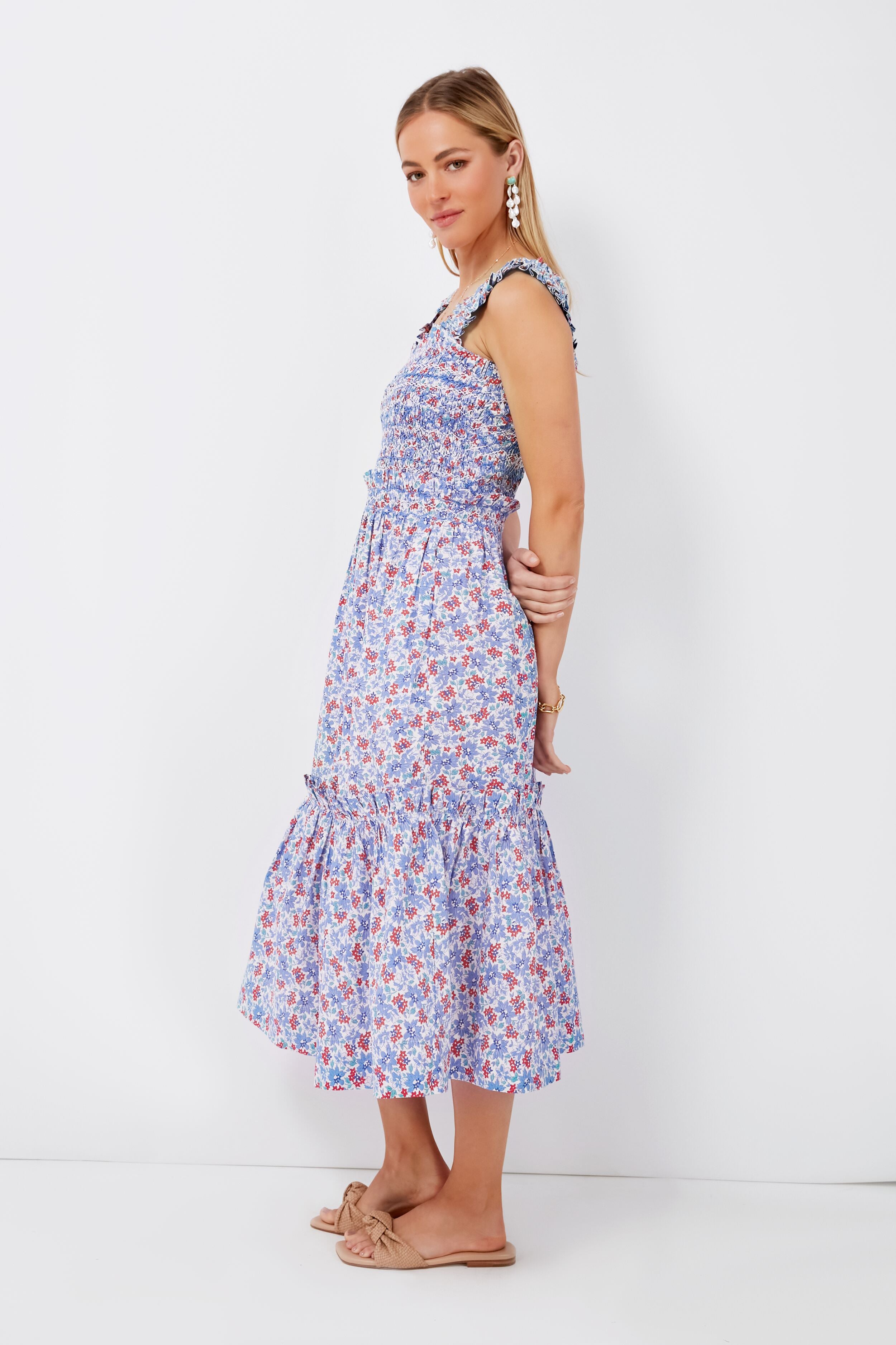 Blue Peggy Floral Sleeveless Smocked Dress for Women - Summer Beach Vacation, Garden Party & Casual Outfit
