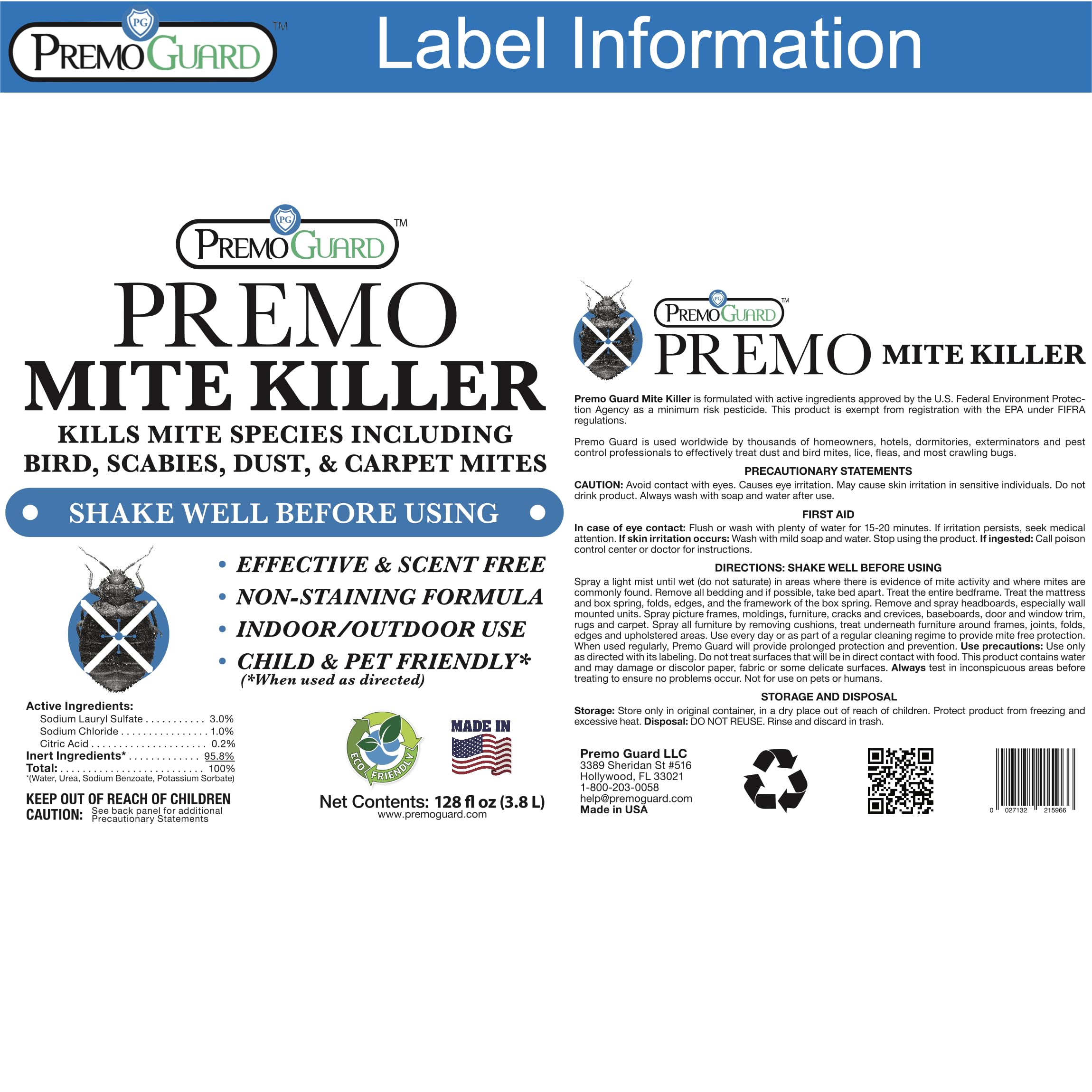 Premo Guard Natural Mite Treatment Spray – 128 oz – Kills Dust Mites, Scabies, Spider Mites, Carpet Mites, Bird Mites & Rodent Mites – Non-Toxic Formula Safe for Kids & Pets – Use on Beds, Mattresses, Furniture & Home Surfaces for Allergy Relief & Pest Control