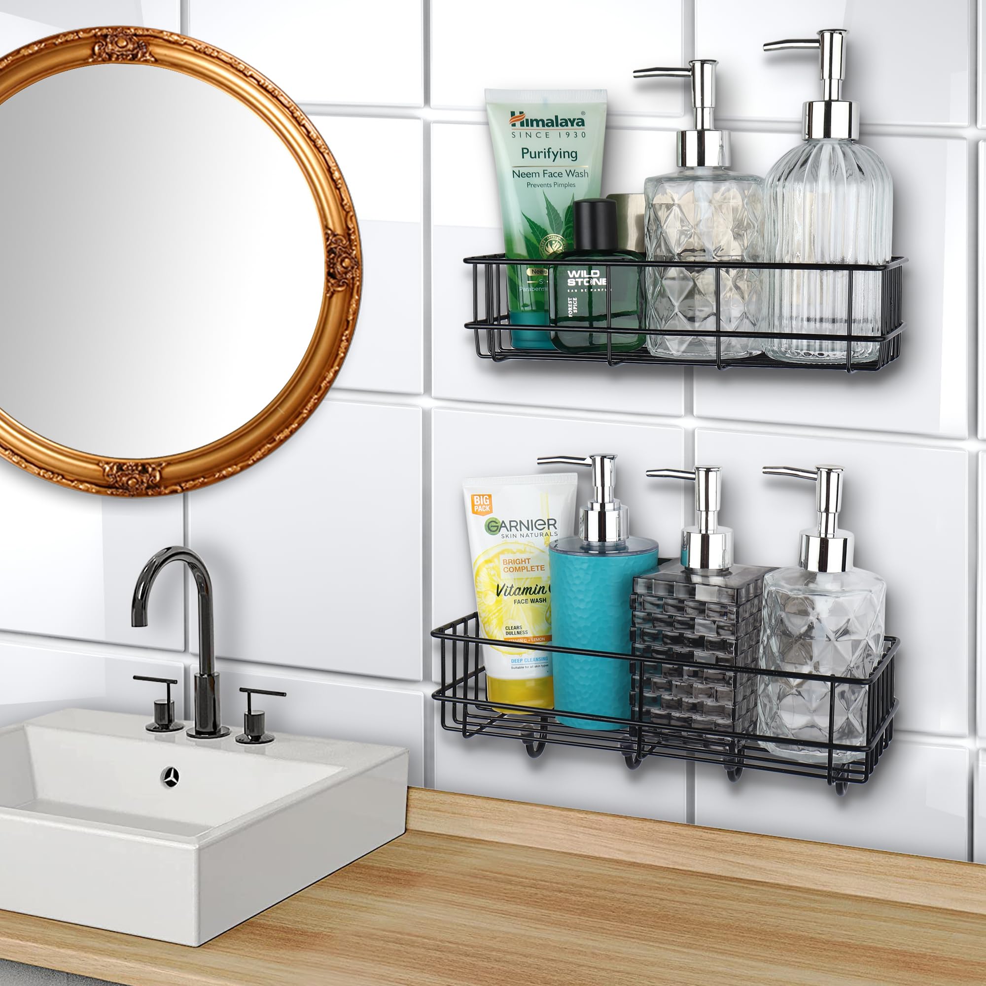 SaleOn Bathroom Shelf Organizer - 2 Pack Metal Wall Mounted Shampoo Rack with 4 Hooks & Adhesive Strips | Space Saving Bathroom Storage for Shower, Kitchen, Laundry Room & Dorm Organization